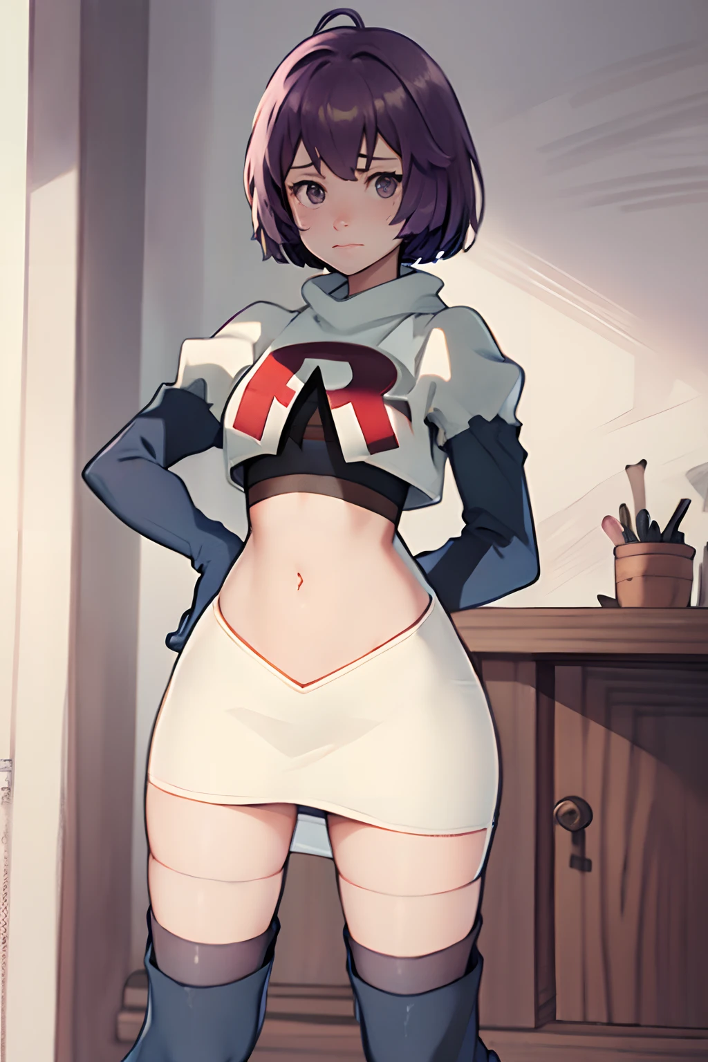 team rocket uniform, white jacket, white skirt, pencil skirt, miniskirt, black thighhigh boots, black elbow gloves, hand on hip, midriff, red letter "R", warBernie, purple hair