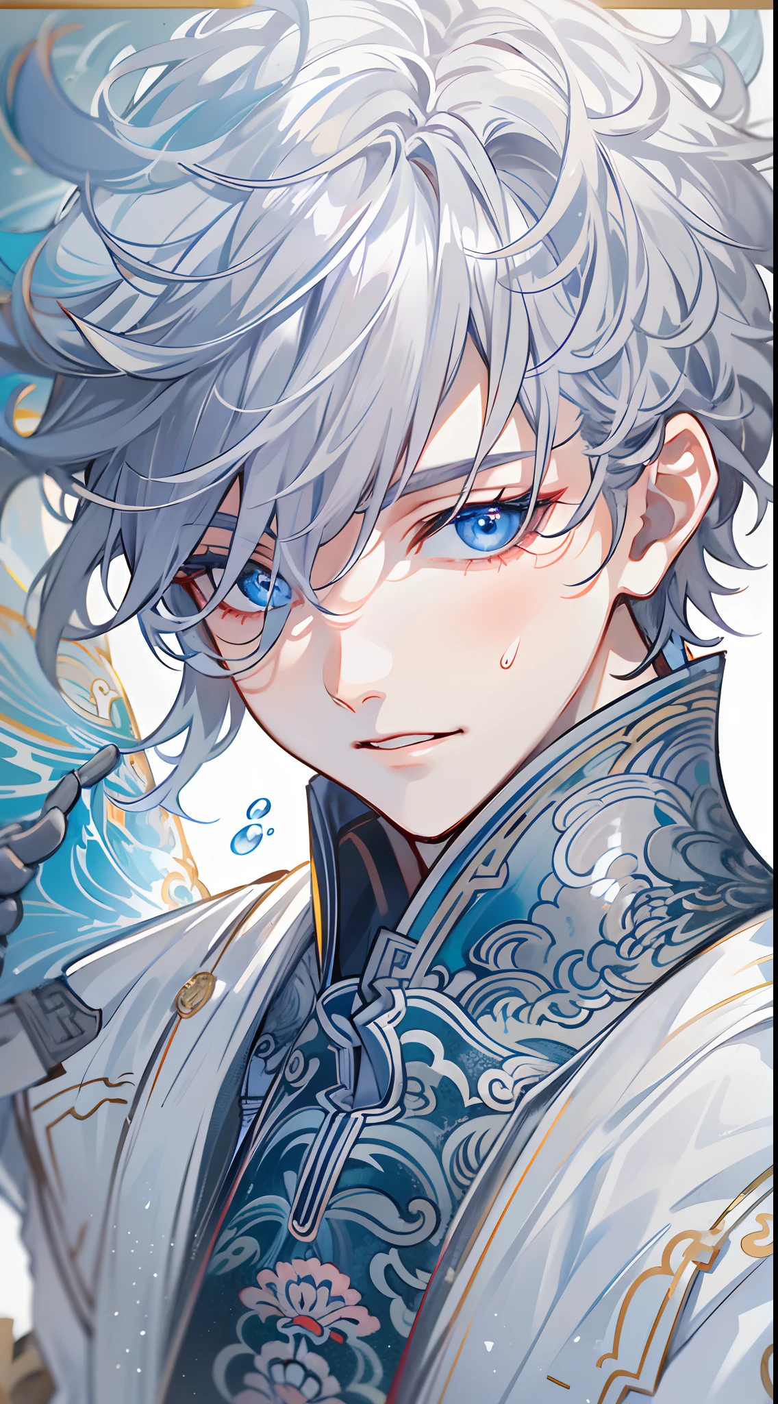 tmasterpiece,Need,超高分辨率,shoun,Chinese ancient style,(Short silver-gray hair),blue color eyes,Libido boy,adolable,banya,Dragon tail,The corals,Clouds,wave,Kamimei