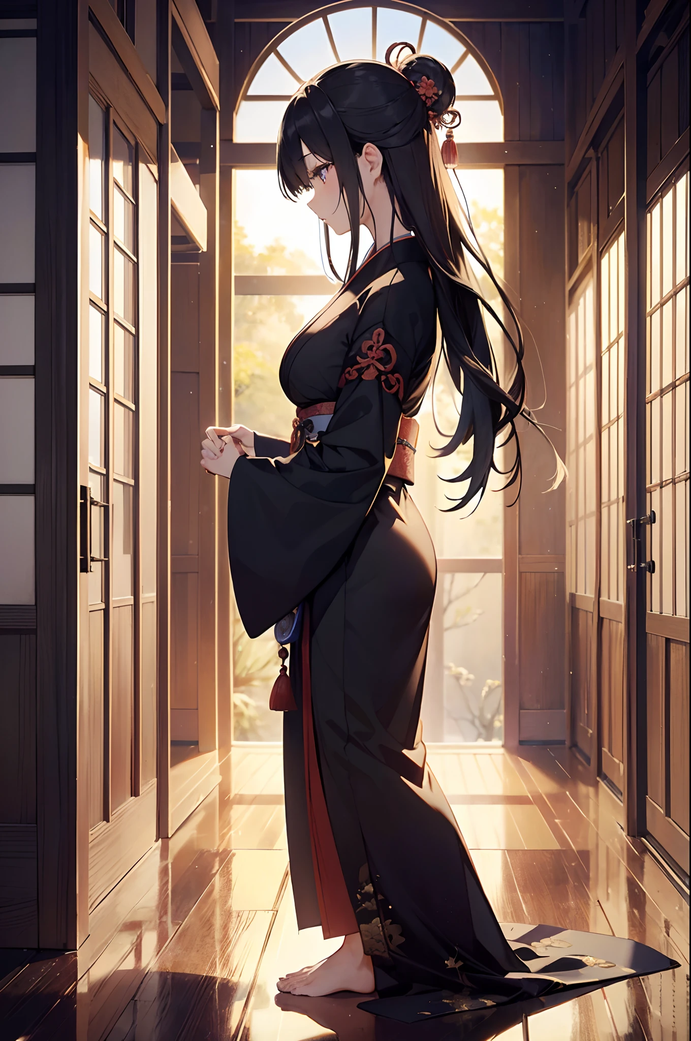 (Official art、Best Quality、Unity 8k Wallpapers、32K、​masterpiece、ultra-detailliert、超A high resolution、realisitic、Photorealsitic:1.2)、(Cinematic lighting:1.2)、Fireglow effect、film grains、Best Shadows、Rim lighting、side lights、(Ultra-detailed and complex 3D rendering)、Detailed beautiful face and eyes、A slender、Medium bust、(Full body:1.2)、(sideshot、Looking away:1.2)、(Mystical、moonlights)、Highly detailed background、beauitful face、a beauty girl、(super detailed skin、detailed skin textures:1.3)、Some rooms have round windows and red carpets, world seen only through a portal, japanese temples, traditional japanese colors, mystical setting, japanese influences, traditional japanese, Japanese houses, Japanese style, japanese architecture, inspired by Itō Jakuchū, Japan. Volumetric lighting, Japanese design, quiet and serene atmosphere, Round window