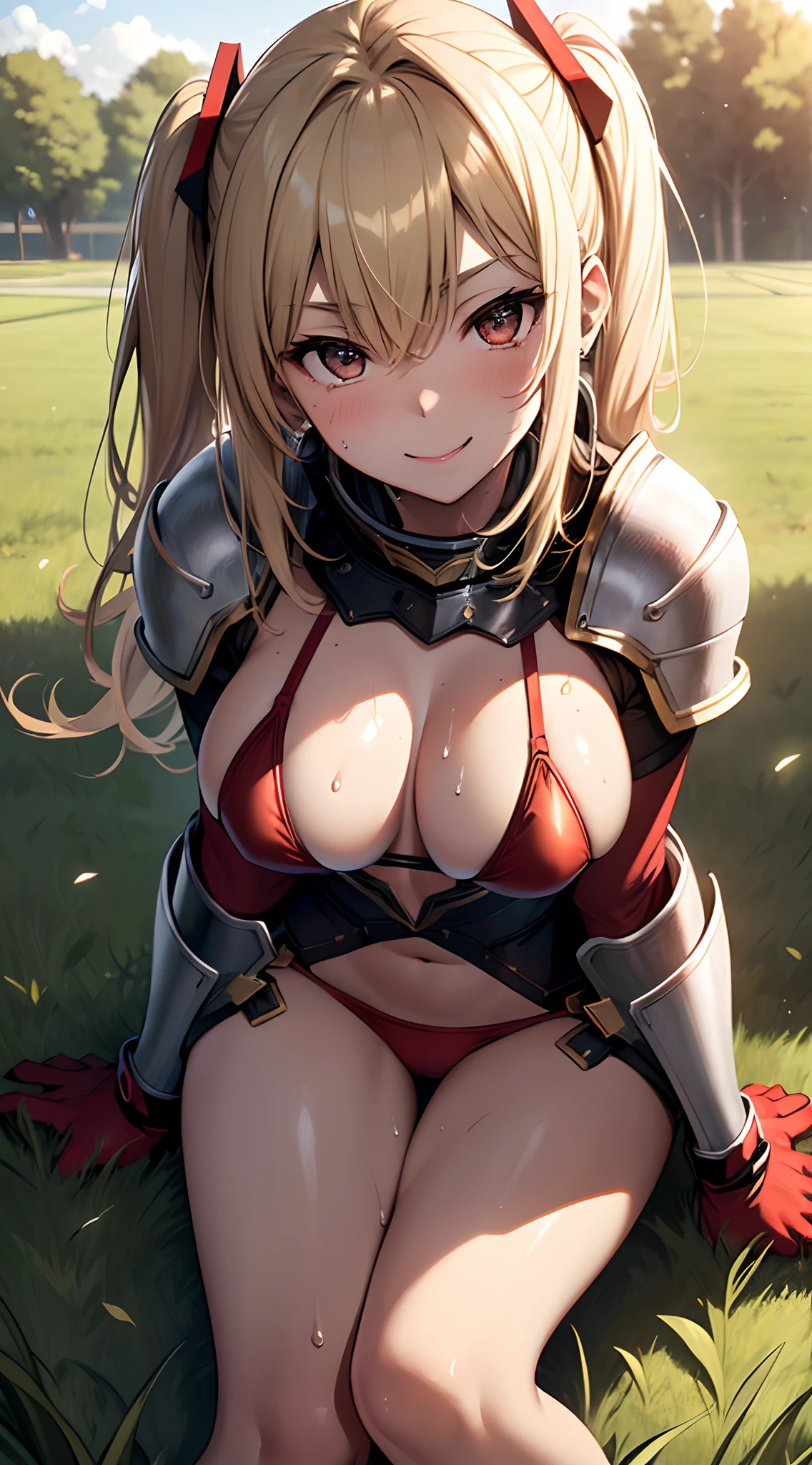top-quality、supreme1People Girls,hightquality,, ((masuter piece)), ((High resolution)), ((Best Quality)), detail, (NSFW:1.6 ,cum faced、Excited face.Very happy,), ((Skin shiny with sweat)), (Red Bikini Armor:1.2)、 girl with, a blond, (Half Twin Tail)、Brown skin tone:1.3、Sit with your legs open:1.5、Smaller chest, eye glass、、cinmatic lighting, perfectly shaded,(((grass field))), Realistic lighting with shades,