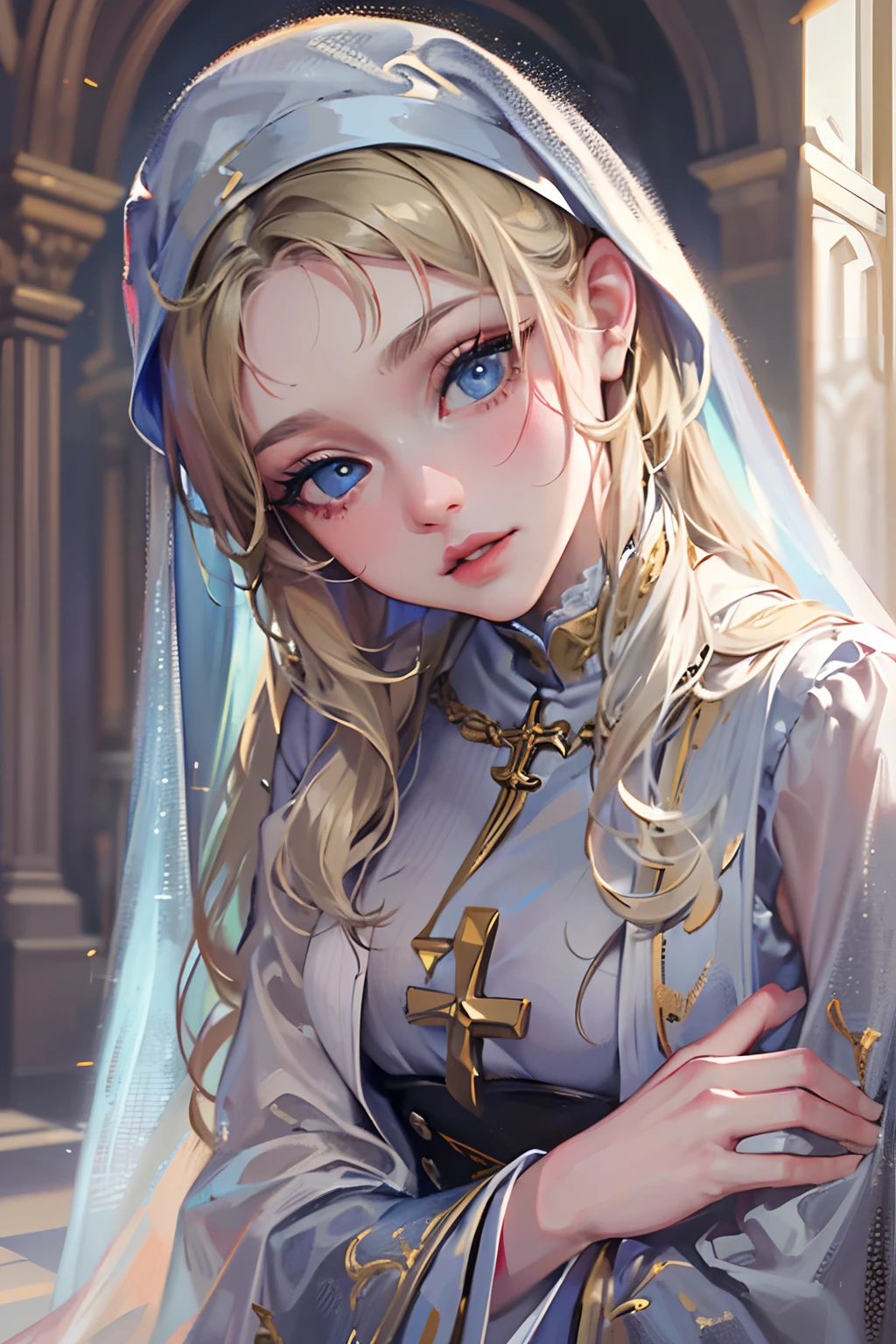 (best quality,4k,8k,highres,masterpiece:1.2),ultra-detailed,realistic,beautiful detailed blue eyes,beautiful detailed lips,extremely detailed face,long hair,1girl,beautiful blonde girl,wearing a nun's outfit,cute,attractive,church, retrato, detailed eyes