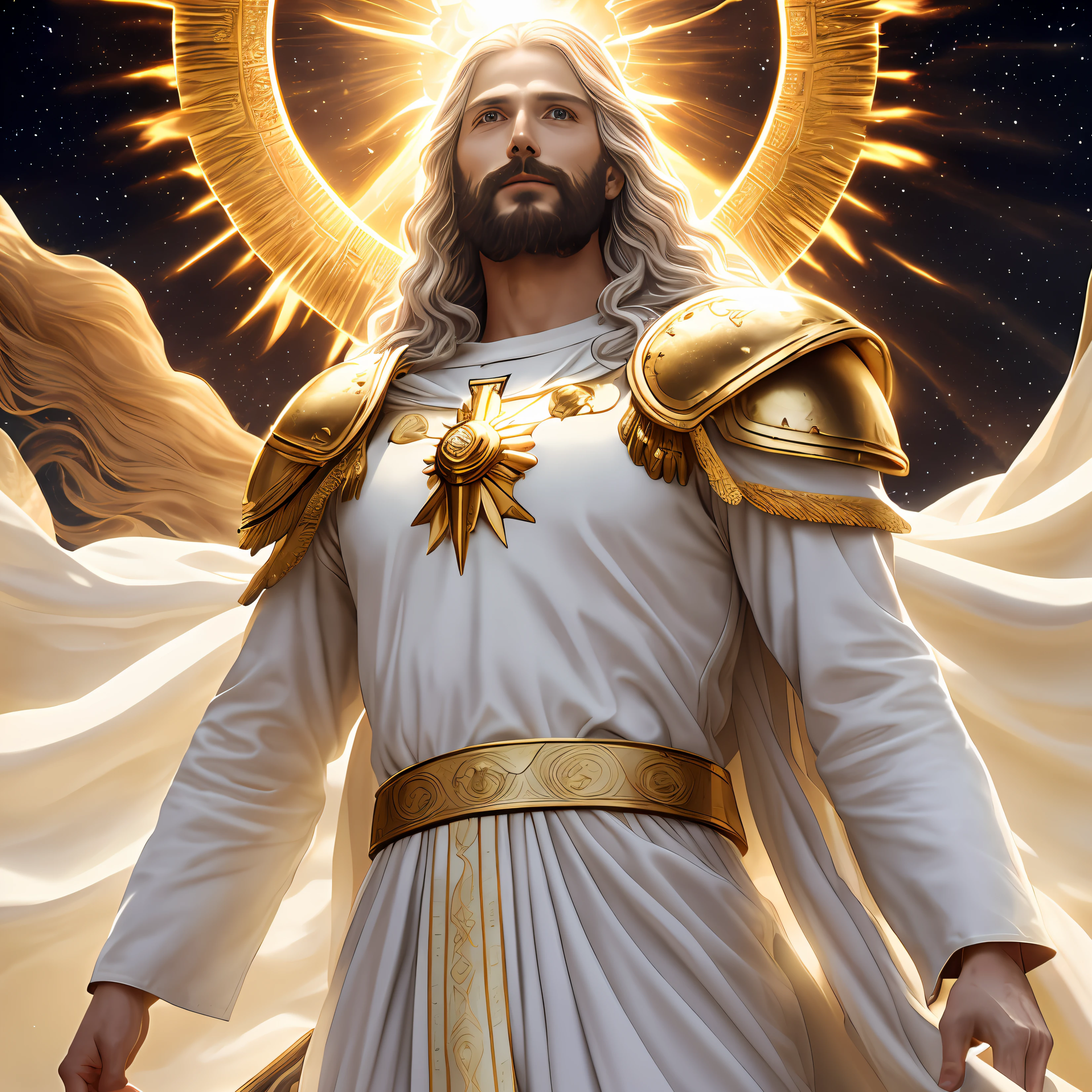 Imagem de um homem vestido de branco segurando uma cruz, arte conceitual de deus, O Deus Imperador da Humanidade, Retrato do Imperador da Humanidade, Paladino Santo, Armadura Dourada Angelical, Anjo majestoso de corpo inteiro, Armadura Sagrada, Arcanjo Miguel, Arte Oficial, Jesus Cristo em Mass Effect, holy sword in his hands, deus imperador, jesus christ fighting lucifer