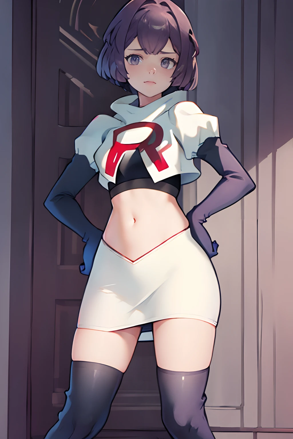 team rocket uniform, white jacket, white skirt, pencil skirt, miniskirt, black thighhigh boots, black elbow gloves, hand on hip, midriff, red letter "R", warBernie, purple hair, bow