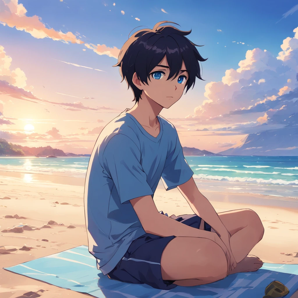 Anime boy sitting with black hair and blue eyes, Anime moe art style, Anime boys, 2 d anime style, young anime man, Blackn clothes,anime-style character, style of anime, Stylized anime, flat anime style shading, Male anime style, anime-style portrait, tall anime face with blue eyes, Flat anime style, style of anime, High quality anime art, Look up at the sky on the coast,standing at the beach