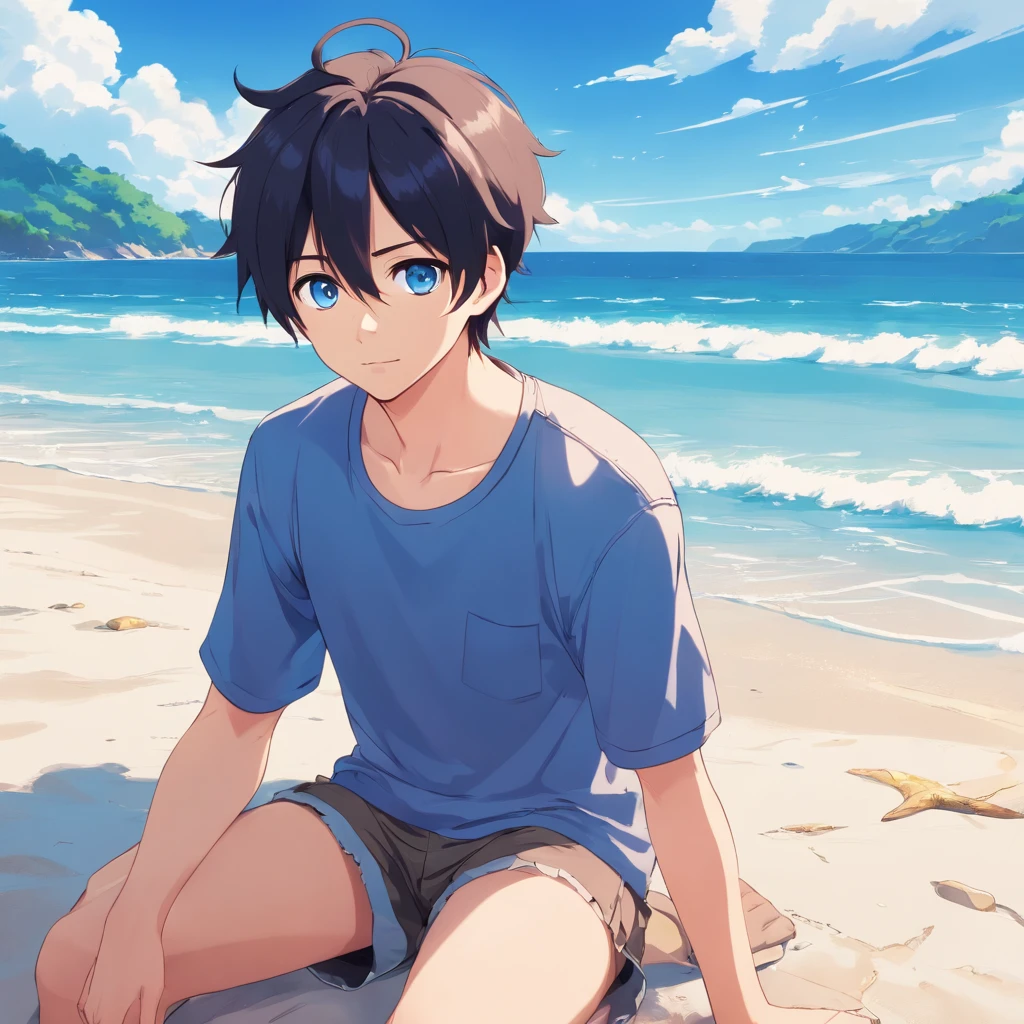Anime boy sitting with black hair and blue eyes, Anime moe art style, Anime boys, 2 d anime style, young anime man, Blackn clothes，anime-style character, style of anime, Stylized anime, flat anime style shading, Male anime style, anime-style portrait, tall anime face with blue eyes, Flat anime style, style of anime, High quality anime art, Look up at the sky on the coast，standing at the beach