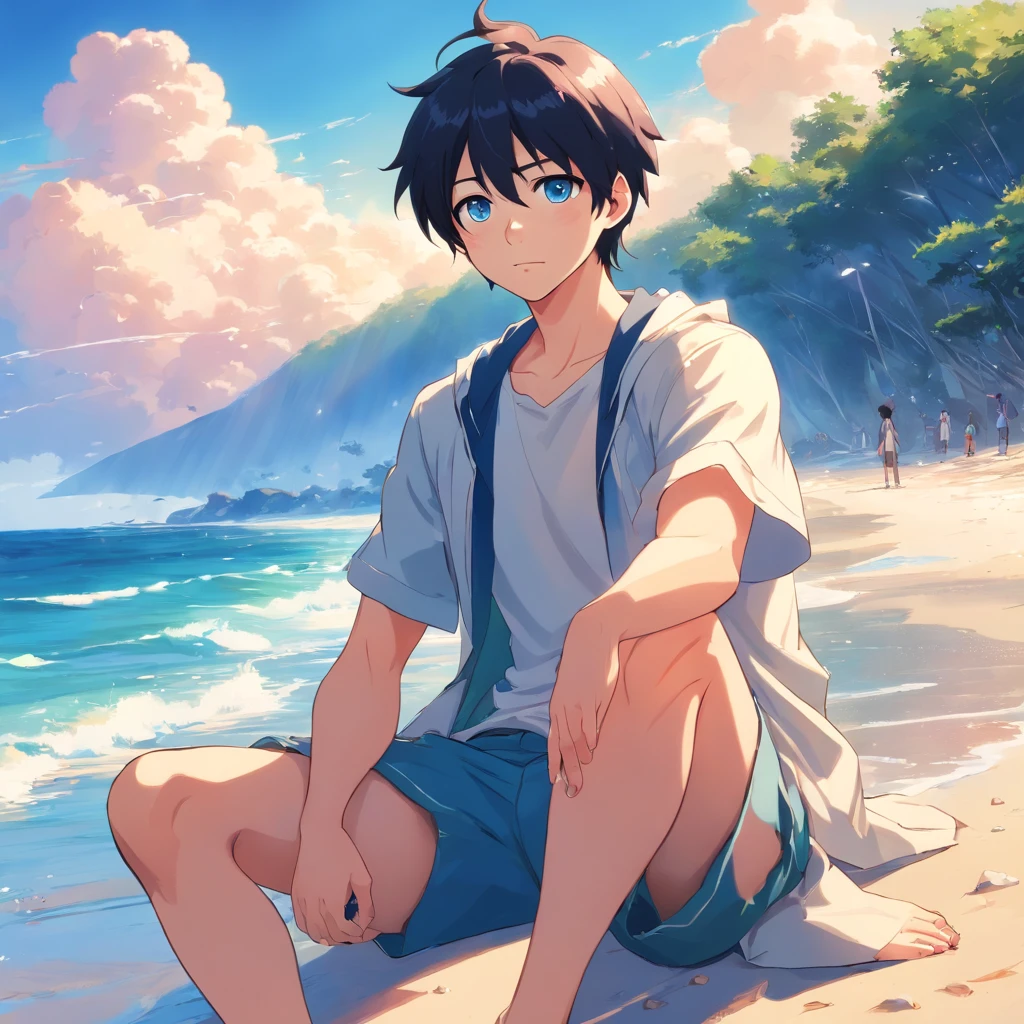 Anime boy sitting with black hair and blue eyes, Anime moe art style, Anime boys, 2 d anime style, young anime man, Blackn clothes,anime-style character, style of anime, Stylized anime, flat anime style shading, Male anime style, anime-style portrait, tall anime face with blue eyes, Flat anime style, style of anime, High quality anime art, Look up at the sky on the coast,standing at the beach
