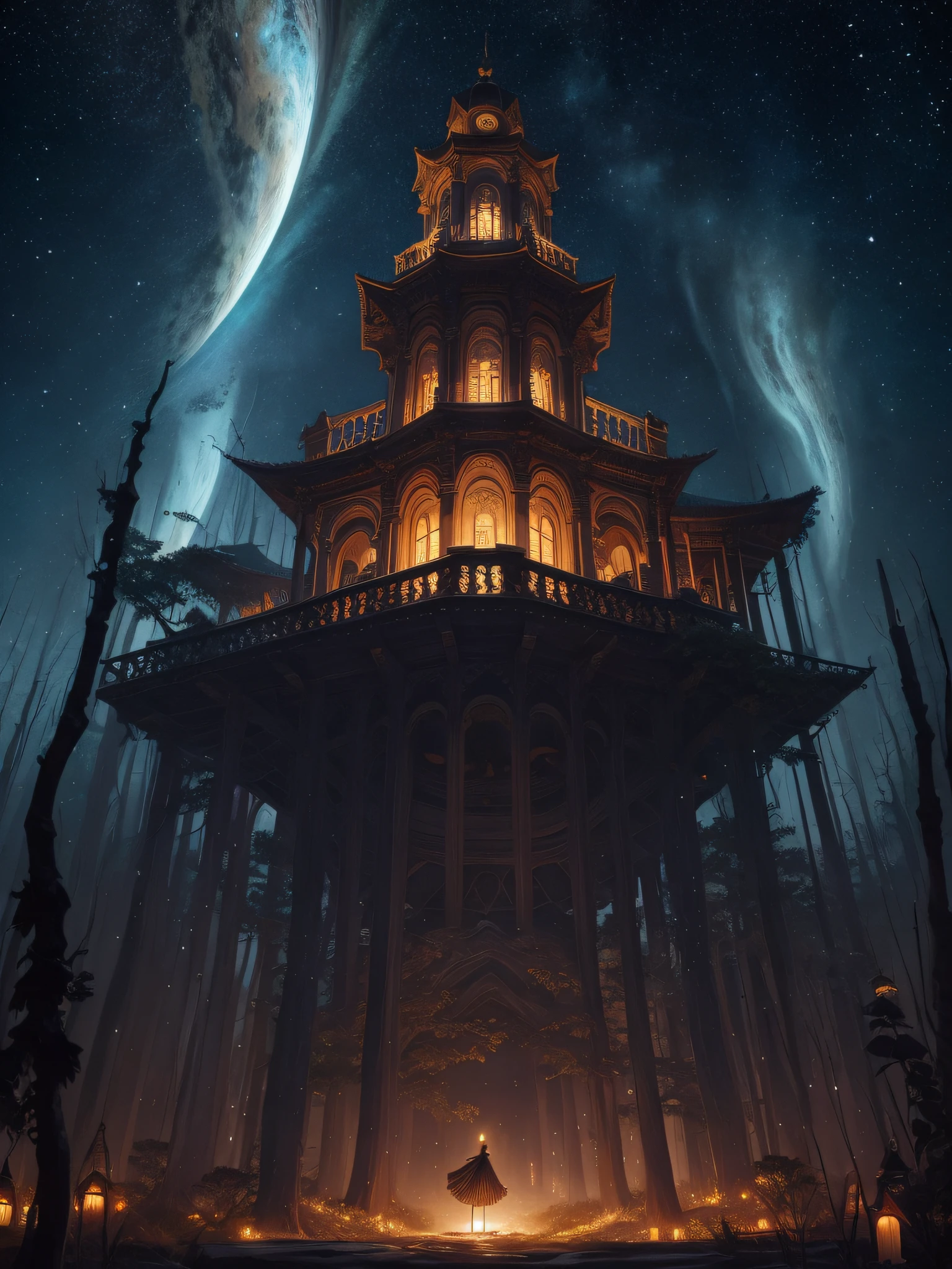 Arte por Aaron Horkey, , , ultra altamente detalhado, 32k, foco nítido, Luminismo, Detailed oil painting, lua, detailed sky, Lobo Escuro com grande altamente detalhado, Directed by: Anato Finnstark . paisagem detalhada, Aesthetics of Northern Tales, dynamic movement, grandes olhos reflexivos, Floresta,brilhante, folhas rodopiantes, Neblina esmeralda, mistic, Antecedentes complexos, dynamic lighting, Luzes, Pose intrincada, filigrana altamente detalhada, intrincado, Barroco, Escola do Rio Hudson, Thomas Cole, master part