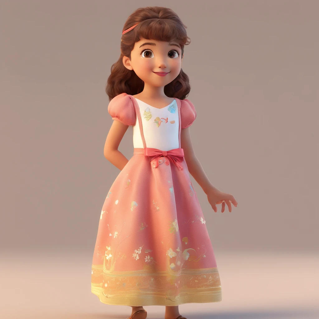 Menina, female , cabelo castanho cumprido, Women's children's clothing, brincando com boneca em cima da camaa, anime, super super realista, Estilo Disney