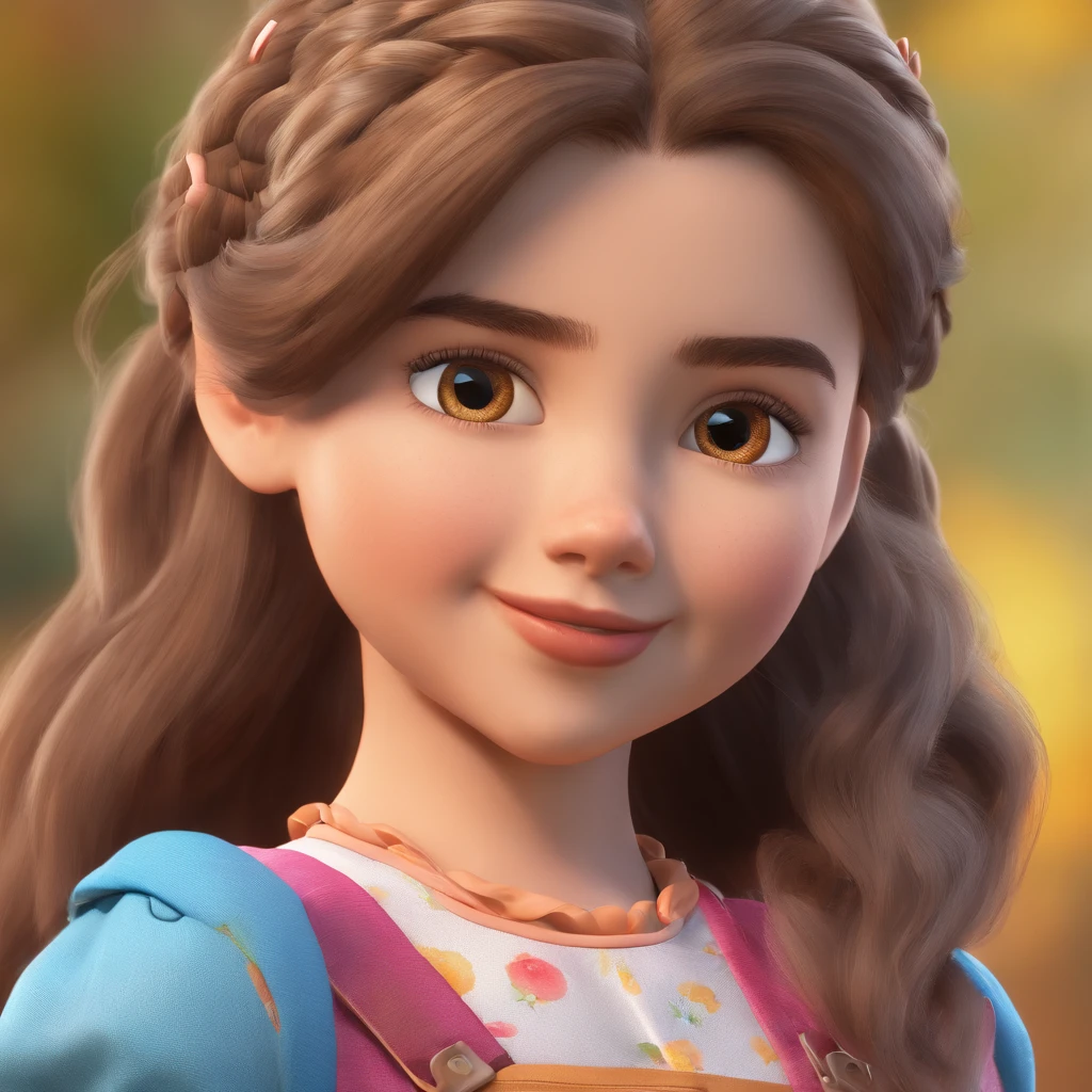 Menina, female , cabelo castanho cumprido, Women's children's clothing, brincando com boneca em cima da camaa, anime, super super realista, Estilo Disney