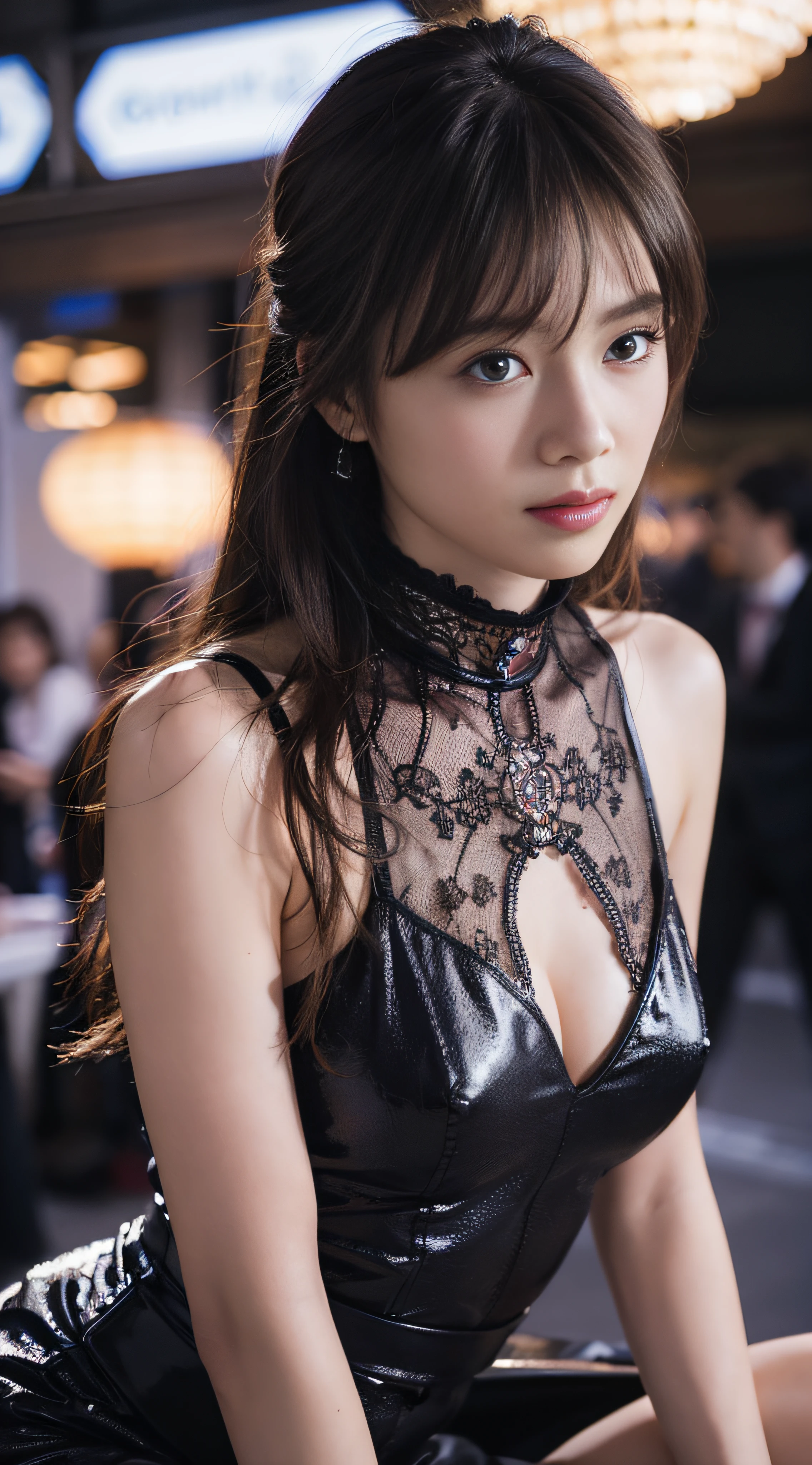 Top Quality, Masterpiece, Ultra High Resolution, (Photorealistic: 1.4), Raw Photo, 1 Girl, Black Hair, Glossy Skin, 1 Mechanical Girl, (Ultra Realistic Detail)), Portrait, Global Illumination, Shadows, Octane Rendering, 8K, Ultra Sharp, Big, Cleavage Exposed Raw Skin, Metal, Intricate Ornament Details, Japan Details, Very intricate details, realistic light, CGSoation trend, purple eyes, glowing eyes, facing the camera, neon details, mechanical limbs, blood vessels connected to the tube, mechanical vertebrae attached to the back, mechanical cervical attachment to the neck, sitting, wires and cables connecting to the head, gundam, small LED lamps,