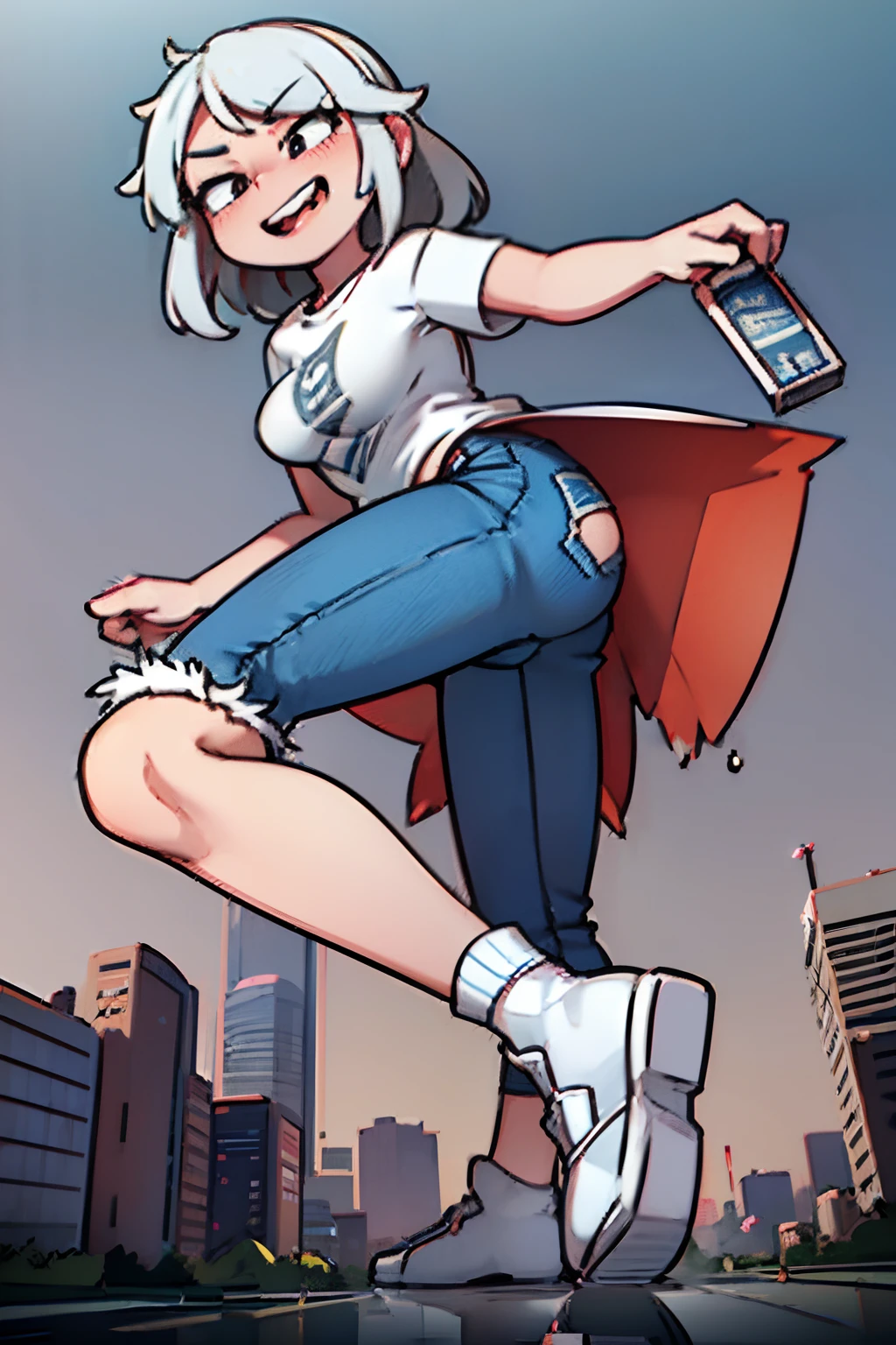 Giantess, city, 5000 meters tall, destruction, (8K, RAW Photos, of the highest quality, Masterpieces: 1.2)、destruction, ((laughing)), evil, ((from below)), ((White T-shirt、The stomach is visible、jeans、cross one's legs、heel)),1 persons、((Angle from a distance:1.5、The whole body is reflected:1.5、Head-to-toe angle)), super detailed, Super Resolution, (Realistic, Real Photos: 1.37), Portraits, high resolution RAW color photos, Professional Photos, highly detailed and beautiful, Highly detailed, 8K Picture Wallpaper, Amazing details、Cute beautiful woman with perfect body: 1.4、Slim big: 1.2、Full body image, ((Gray hair、Longhaire, Colossal tits: 1.2)) 、(High Definition Breast、evil facial expression、Standing：1.2）