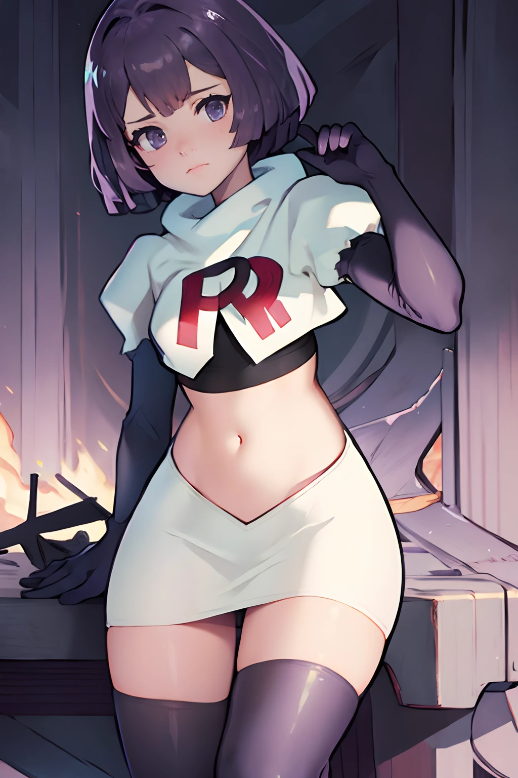 team rocket uniform, white jacket, white skirt, pencil skirt, miniskirt, black thighhigh boots, black elbow gloves, midriff, red letter "R", warBernie, purple hair, bow