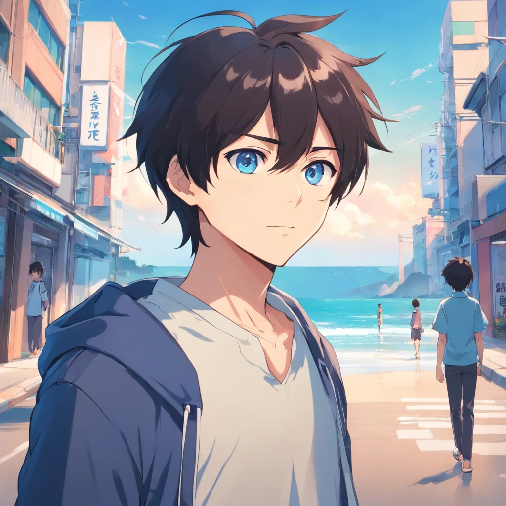 Anime boy standing with black hair and blue eyes, Anime moe art style, Anime boys, 2 d anime style, young anime man, Blackn clothes,anime-style character, style of anime, Stylized anime, flat anime style shading, Male anime style, anime-style portrait, tall anime face with blue eyes, Flat anime style, style of anime, High quality anime art, Look up at the sky on the coast