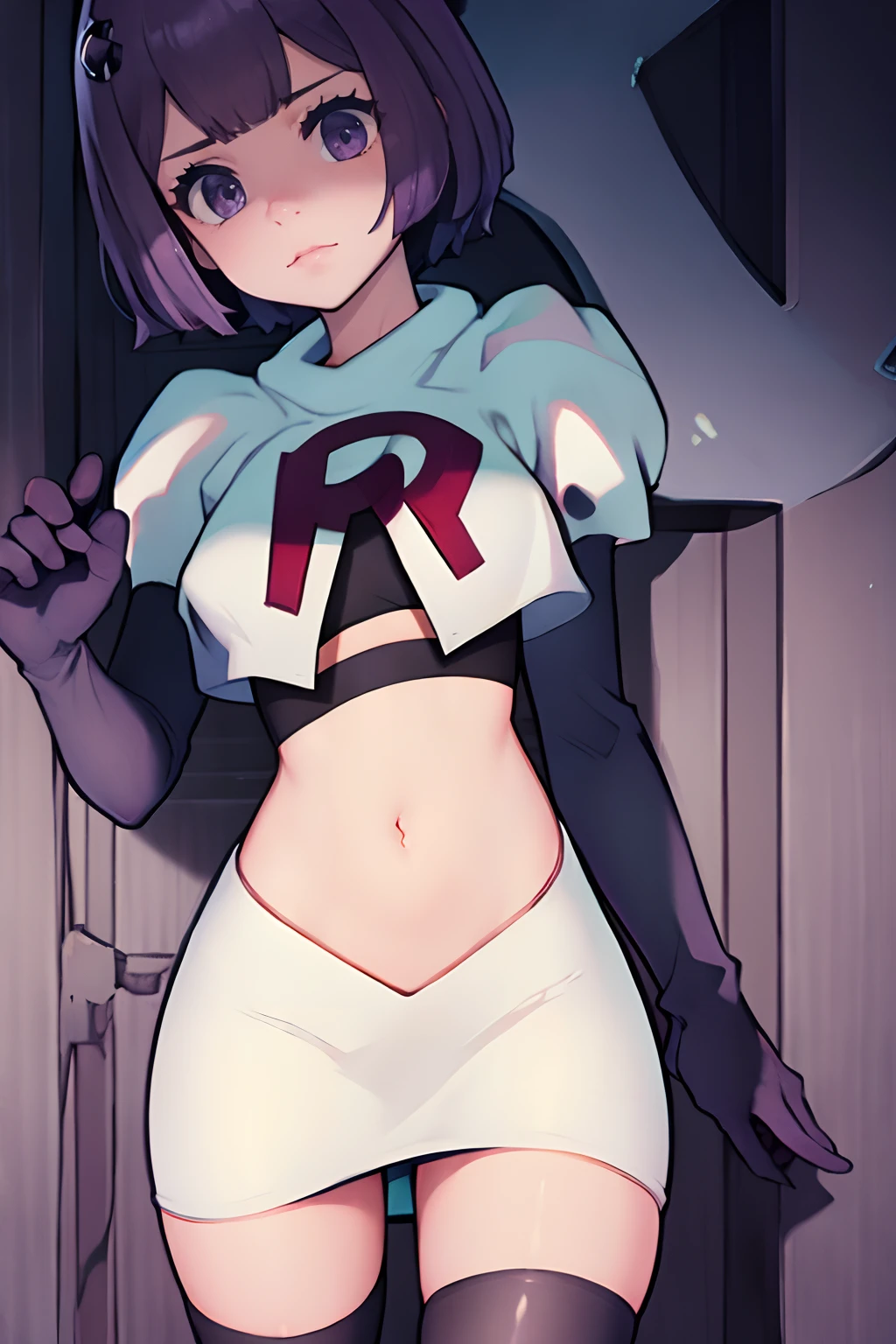 team rocket uniform, white jacket, white skirt, pencil skirt, miniskirt, black thighhigh boots, black elbow gloves, midriff, red letter "R", warBernie, purple hair, bow