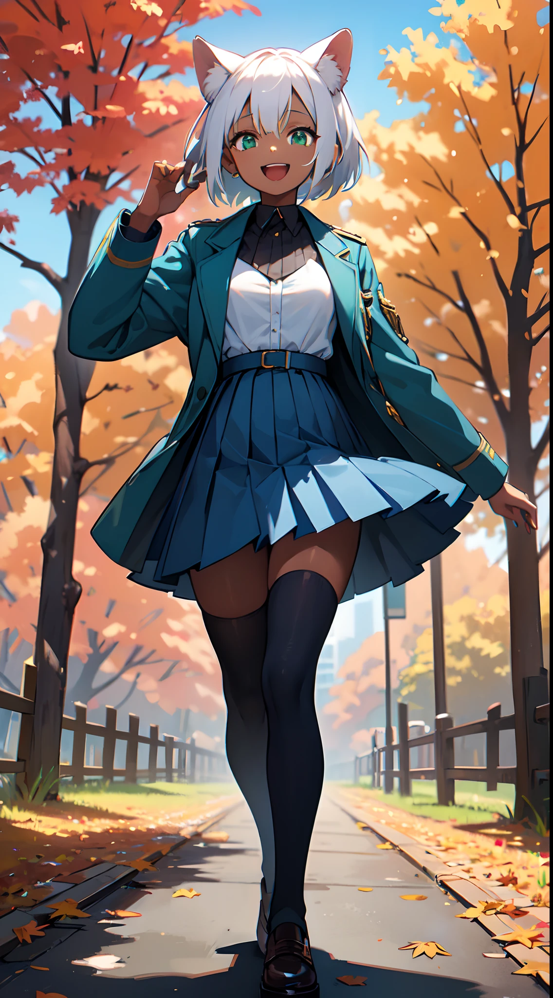 masterpiece,best quality,ultra detailed,8k,solo,girl,,medium breasts,dark skinned,dark skinned female,sanpaku,short hair,white hair ,(droopy dog ears: 1.3),dog tail,green eyes,smile,open mouth,blue military uniform,blue jacket,pleated skirt,long sleeves,blue skirt,thighhighs,fall leaves,park,autumn leaves,outdoors,full body,standing,