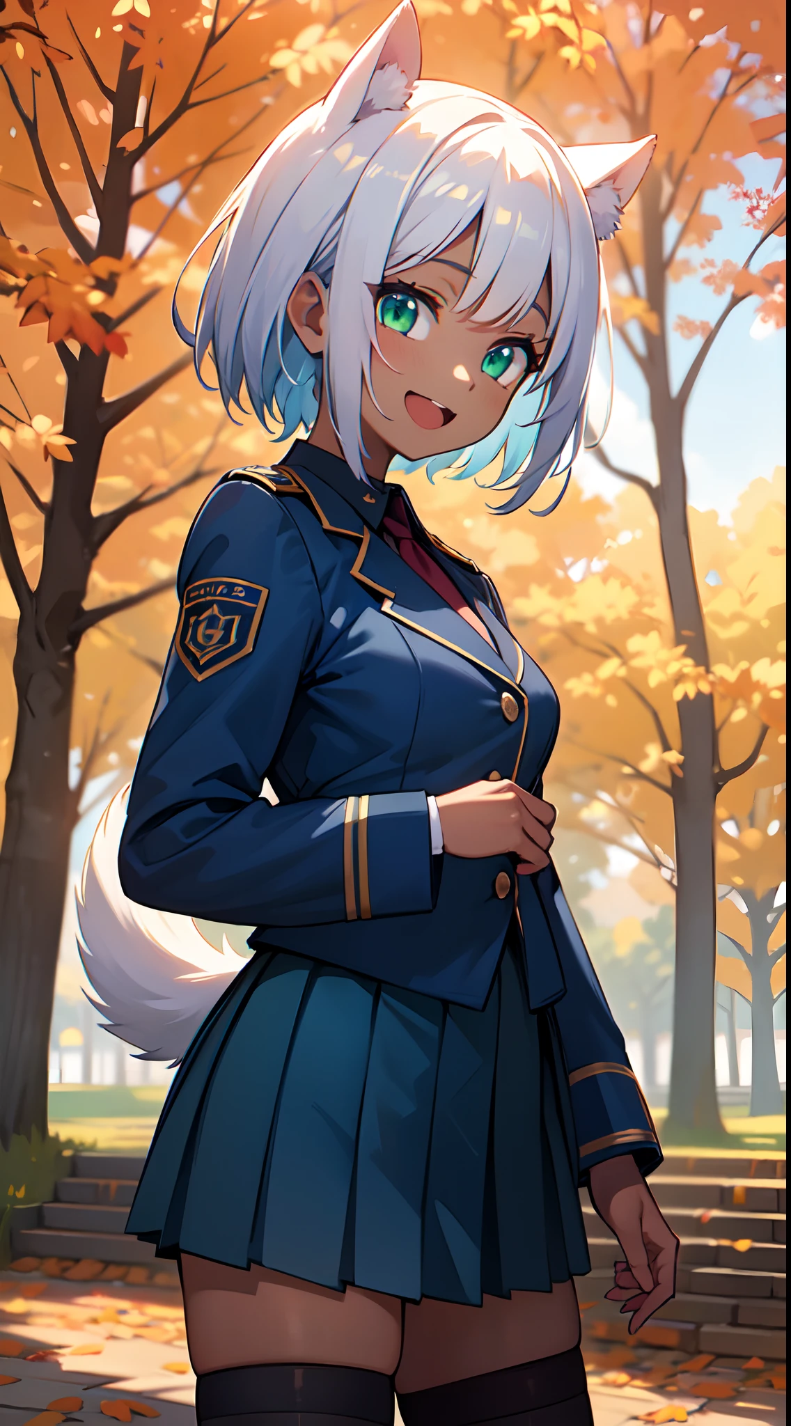 masterpiece,best quality,ultra detailed,8k,solo,girl,17 years old,medium breasts,dark skinned,dark skinned female,sanpaku,short hair,white hair ,{{{droopy dog ears}}},dog tail,green eyes,smile,open mouth,blue military uniform,blue jacket,pleated skirt,long sleeves,blue skirt,thighhighs,fall leaves,park,autumn leaves,outdoors,upper body,standing,