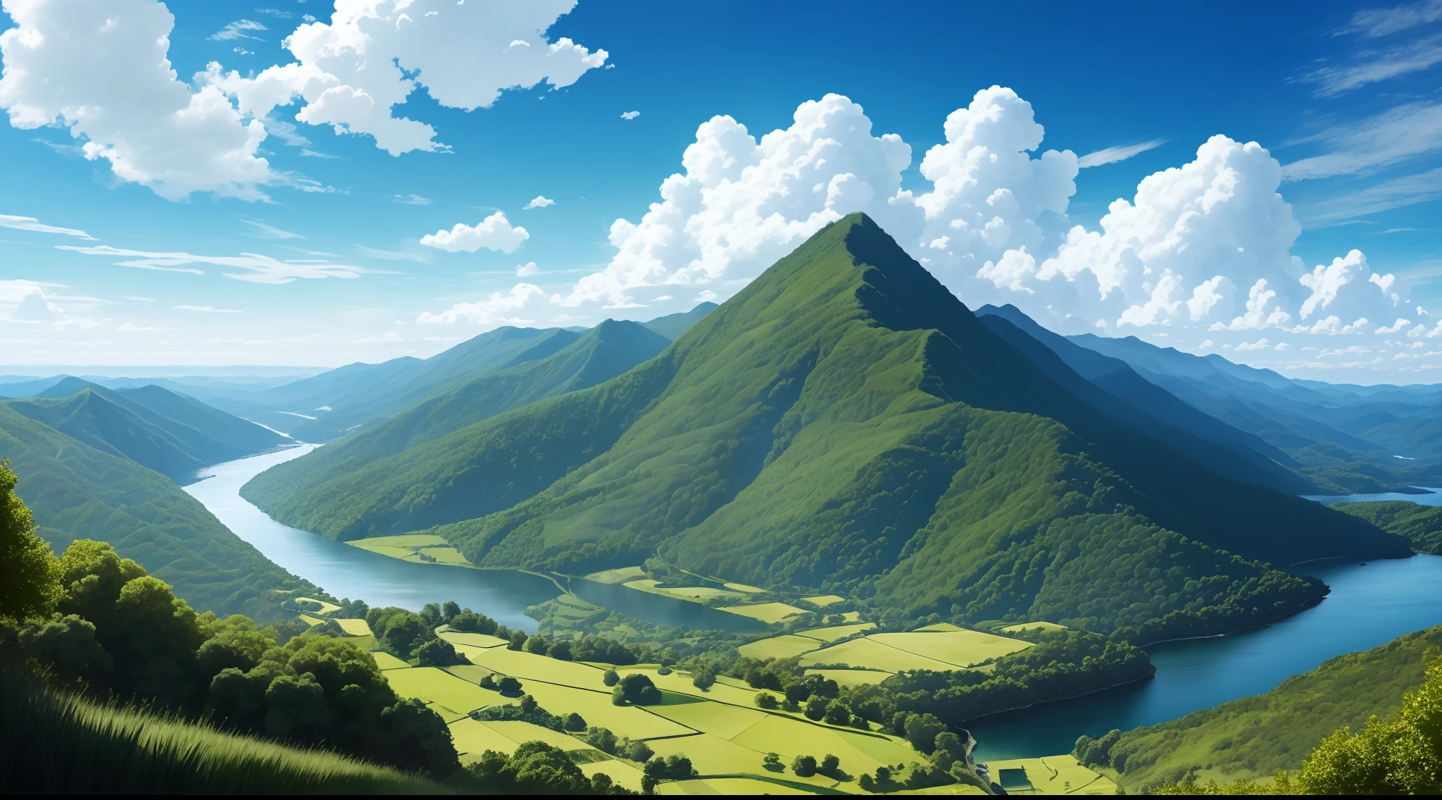 paper art，with blue sky and white clouds，Green Mountains and Green Water，terraced