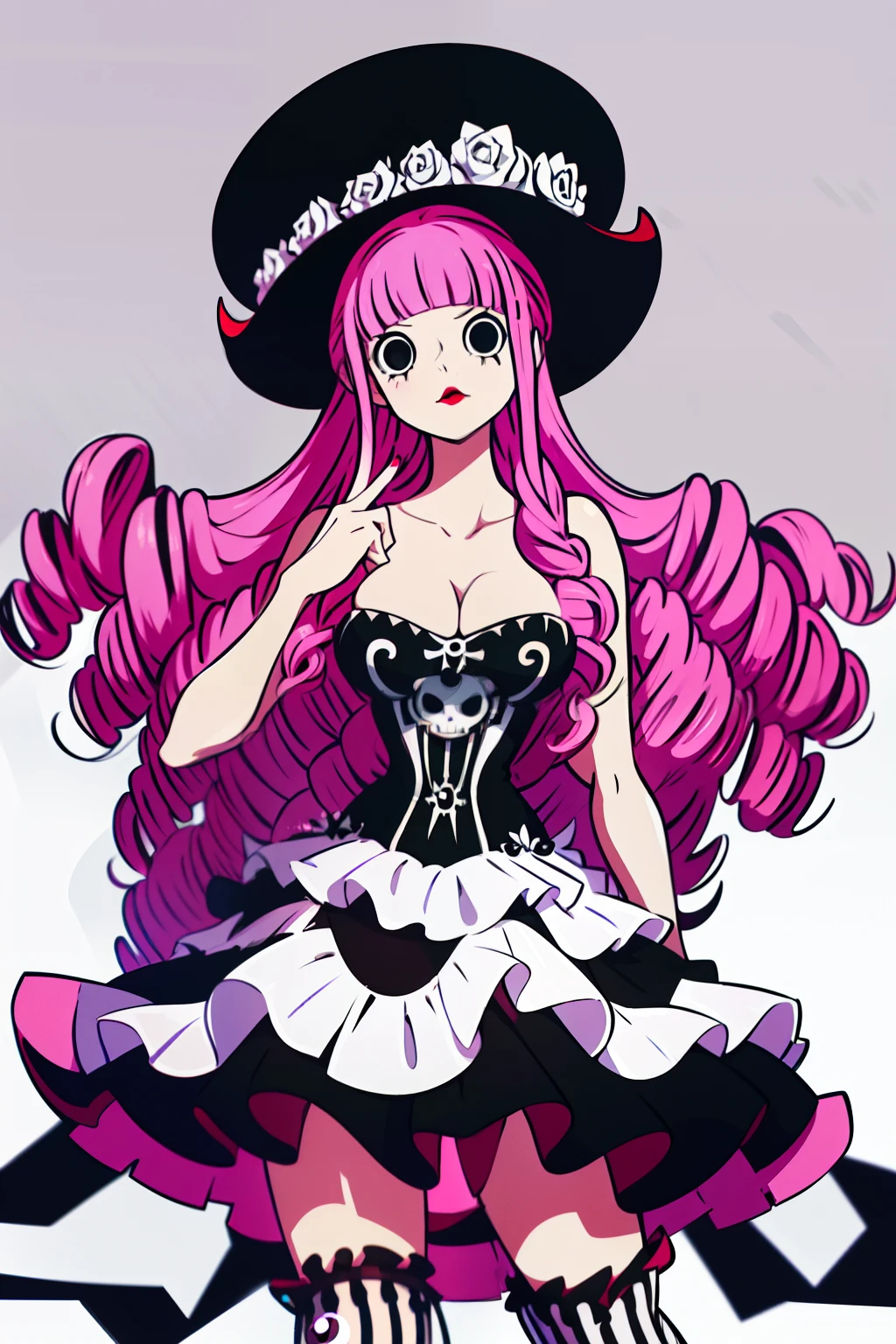 Perona, 1girl, black eyes, blunt bangs, drill hair, red lipstick, long pink hair, curly hair, blunt bangs, black top hat with white roses, black and white strapless dress, frilly dress, (white and black striped stockings), red boots, perfect anatomy, solo