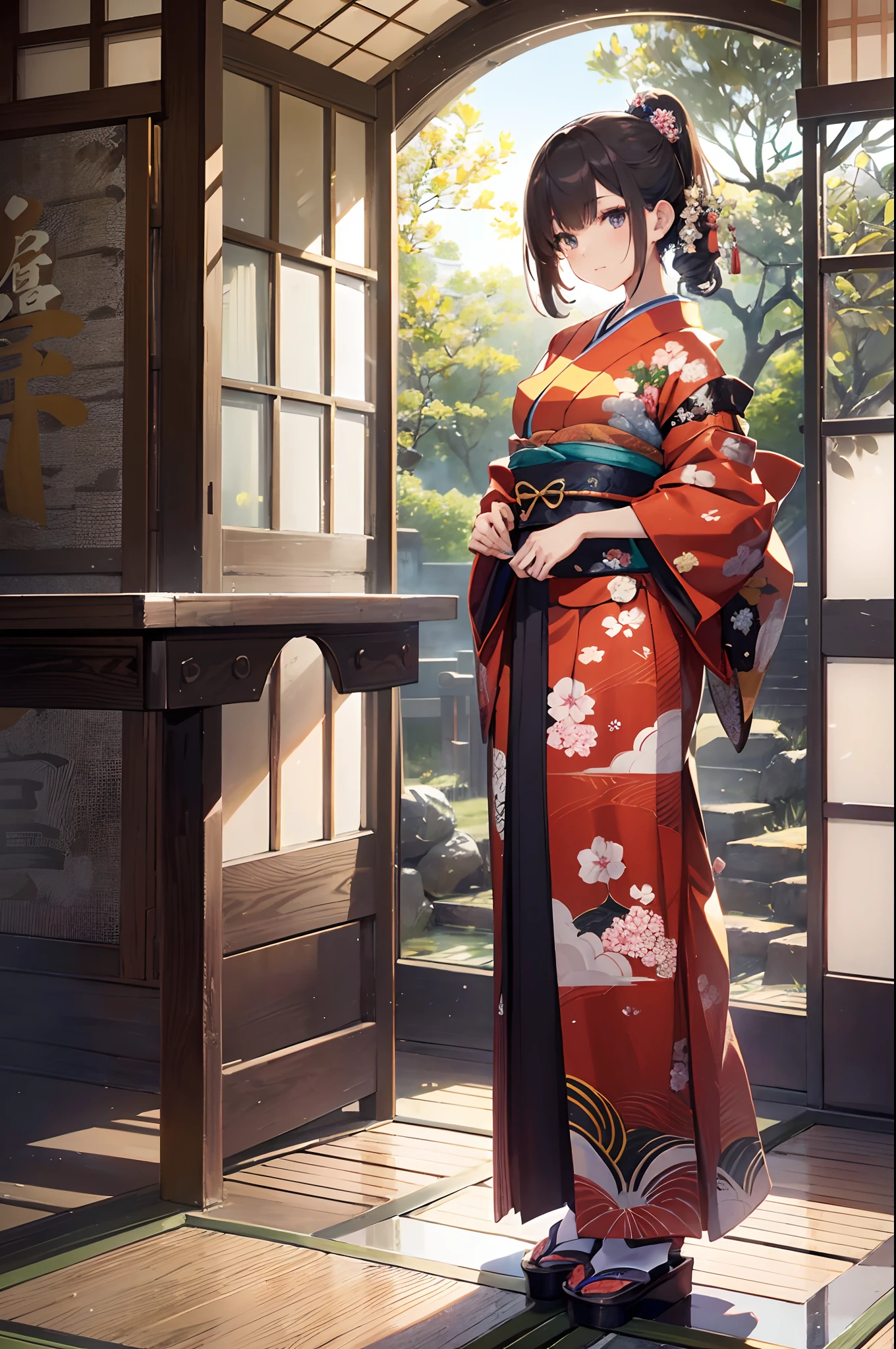 (Official art、Best Quality、Unity 8k Wallpapers、32K、masterpiece、ultra-detailliert、超A high resolution、realisitic、Photorealsitic:1.2)、(Cinematic lighting:1.2)、Fireglow effect、film grains、Best Shadows、Rim lighting、side lights、(Ultra-detailed and complex 3D rendering)、Detailed beautiful face and eyes、A slender、Medium bust、(Full body:1.2)、(sideshot、Looking away:1.2)、(Mystical、moonlights)、Highly detailed background、beauitful face、a beauty girl、(super detailed skin、detailed skin textures:1.3)、Some rooms have round windows and red carpets, world seen only through a portal, japanese temples, traditional japanese colors, mystical setting, japanese influences, traditional japanese, Japanese houses, Japanese style, japanese architecture, inspired by Itō Jakuchū, Japan. Volumetric lighting, Japanese design, quiet and serene atmosphere, Round window