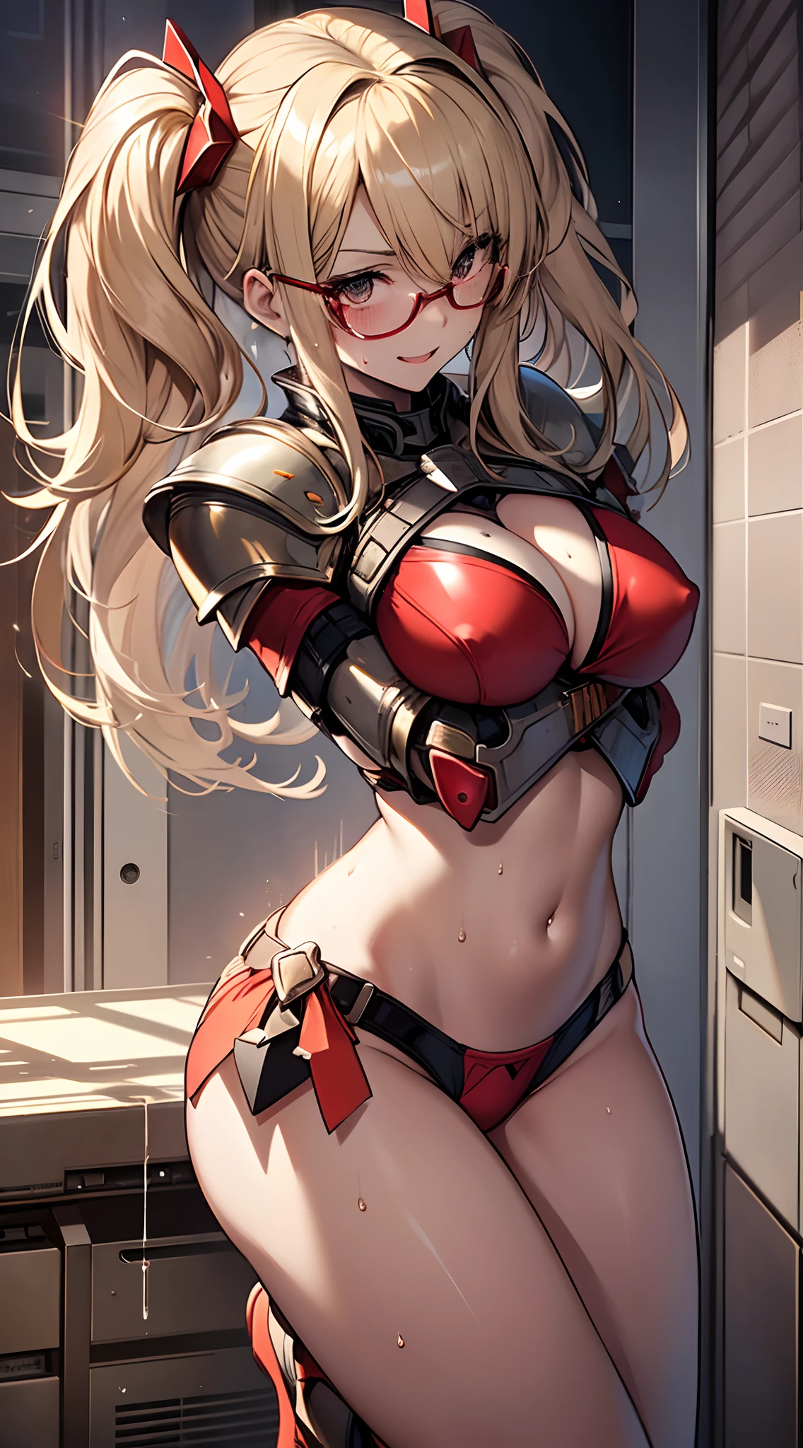 top-quality、supreme1People Girls,hightquality,, ((masuter piece)), ((High resolution)), ((Best Quality)), detail, (NSFW:1.6 ,cum faced、Excited face.Very happy,), ((Skin shiny with sweat)), (Red Bikini Armor:1.2)、 girl with, a blond, (Half Twin Tail)、Brown skin tone:1.3、Doing squats:1.3、Smaller chest, eye glass、、cinmatic lighting, perfectly shaded,(((inside in room))), Realistic lighting with shades,