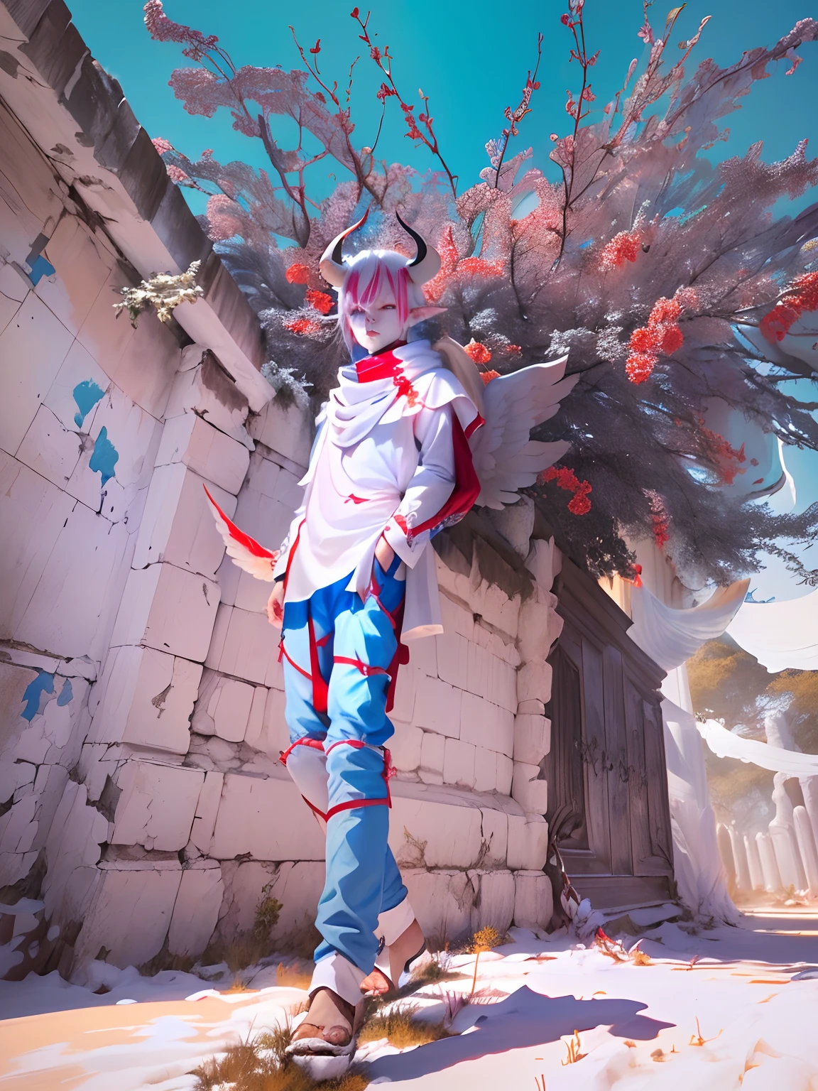 Real faceDemon Boy, white colored hair, red-eyes, blue scarf around the neck, Ancient White Clothing, White horns, Demonic white tail with hair at the end, long ears, White Skin Skin, big white wings, hanging in space.