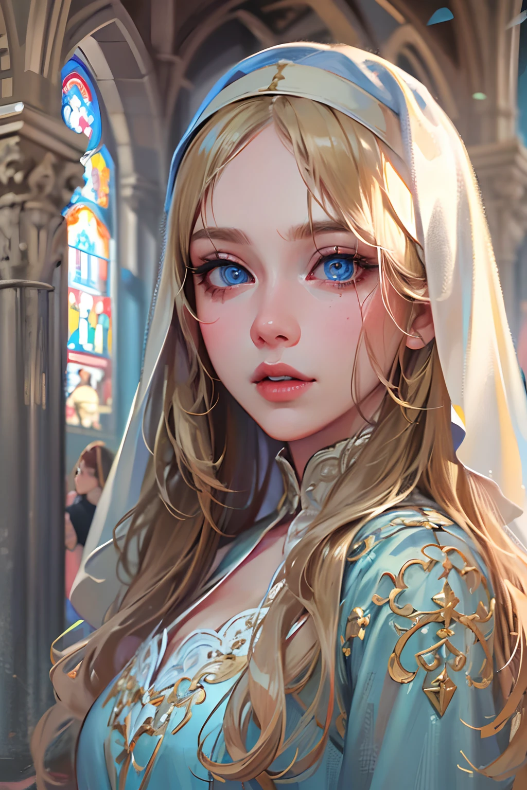 (best quality,4k,8k,highres,masterpiece:1.2),ultra-detailed,realistic,beautiful detailed blue eyes,beautiful detailed lips,extremely detailed face,long hair,1girl,beautiful blonde girl,wearing a nun's outfit,cute,attractive,church, retrato, detailed eyes