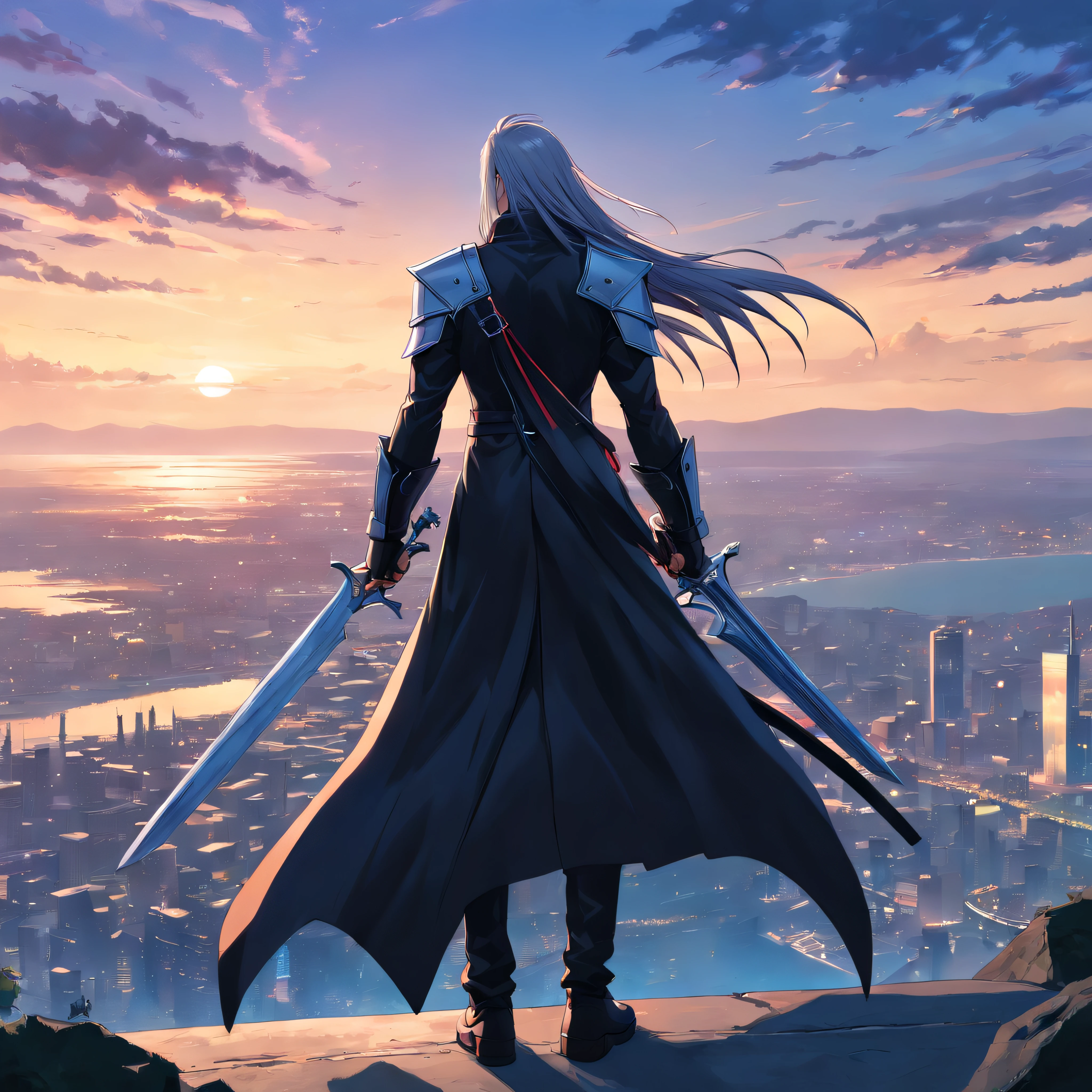 Incredibly detailed illustrations of Sephiroth in Final Fantasy and his black outfit overlooking the horizon, full body Esbian, incredible details, Perfect Shadow, dynamic background, Ultra-realistic drawing style.