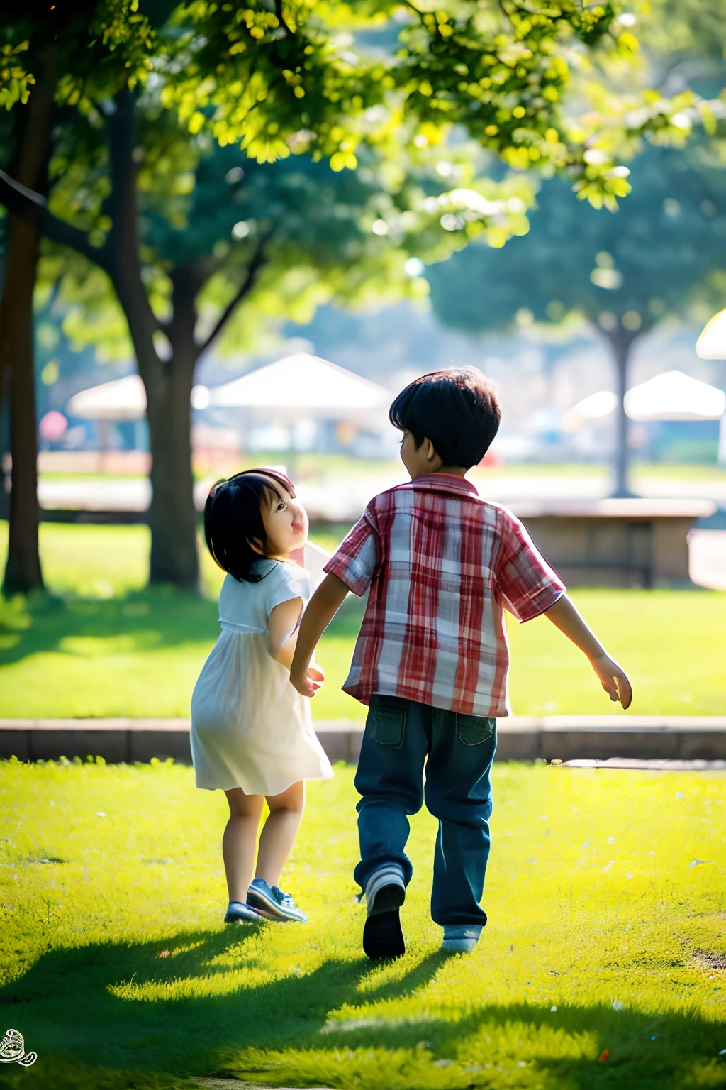 Children playing with their mothers、boy and girl、a park、weather、high-level image quality、realistic