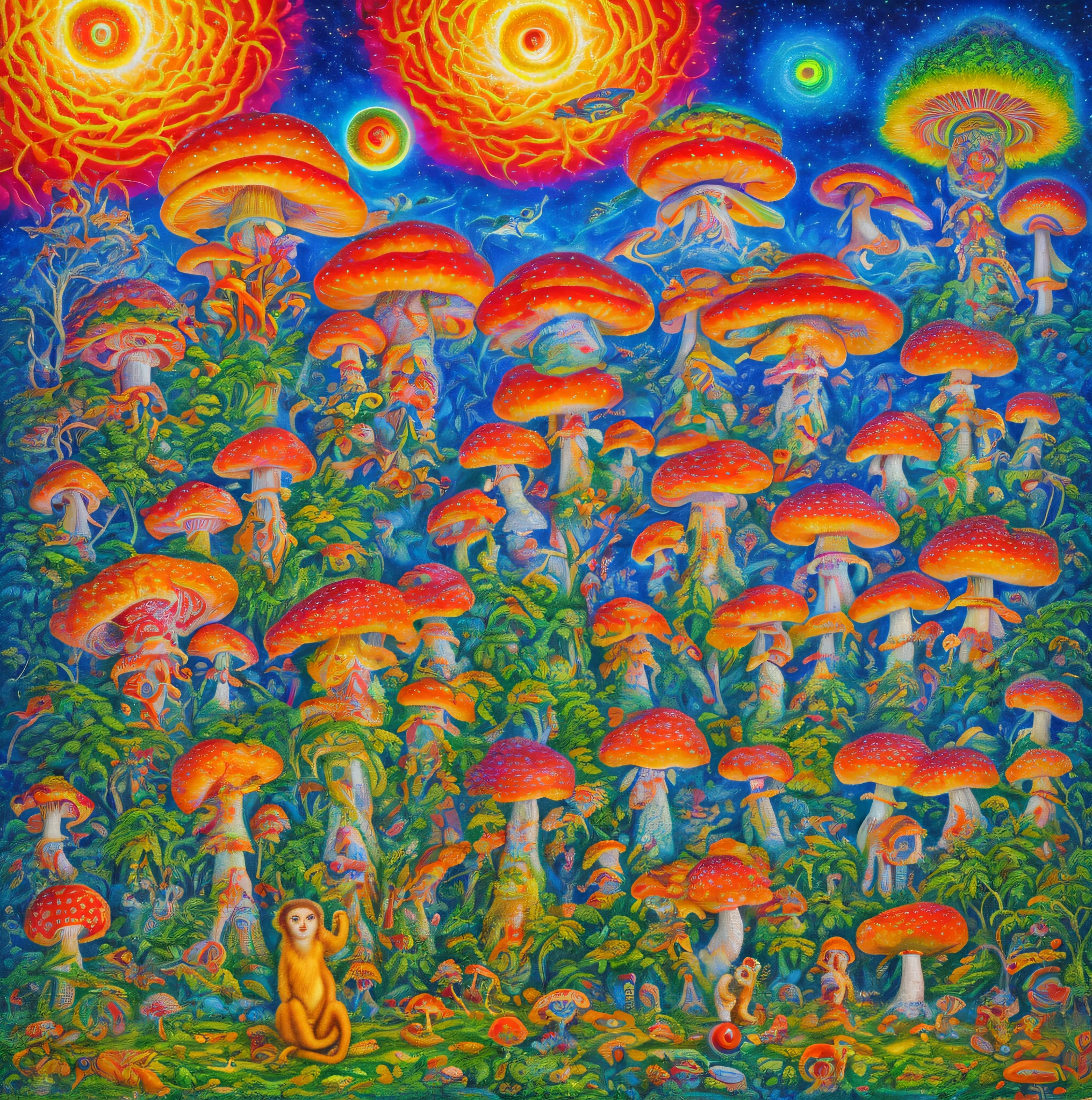 painting of a monkey holding a mushroom in front of a group of people, progressive rock album cover, by Ron Walotsky, deep dream, dmt ego of death, visionary painting, deepdream cosmic, its a deep dream, deepdream, visionary art, dmt art, by John Moonan, dmt ego death, style of alex grey, psychedelic artwork