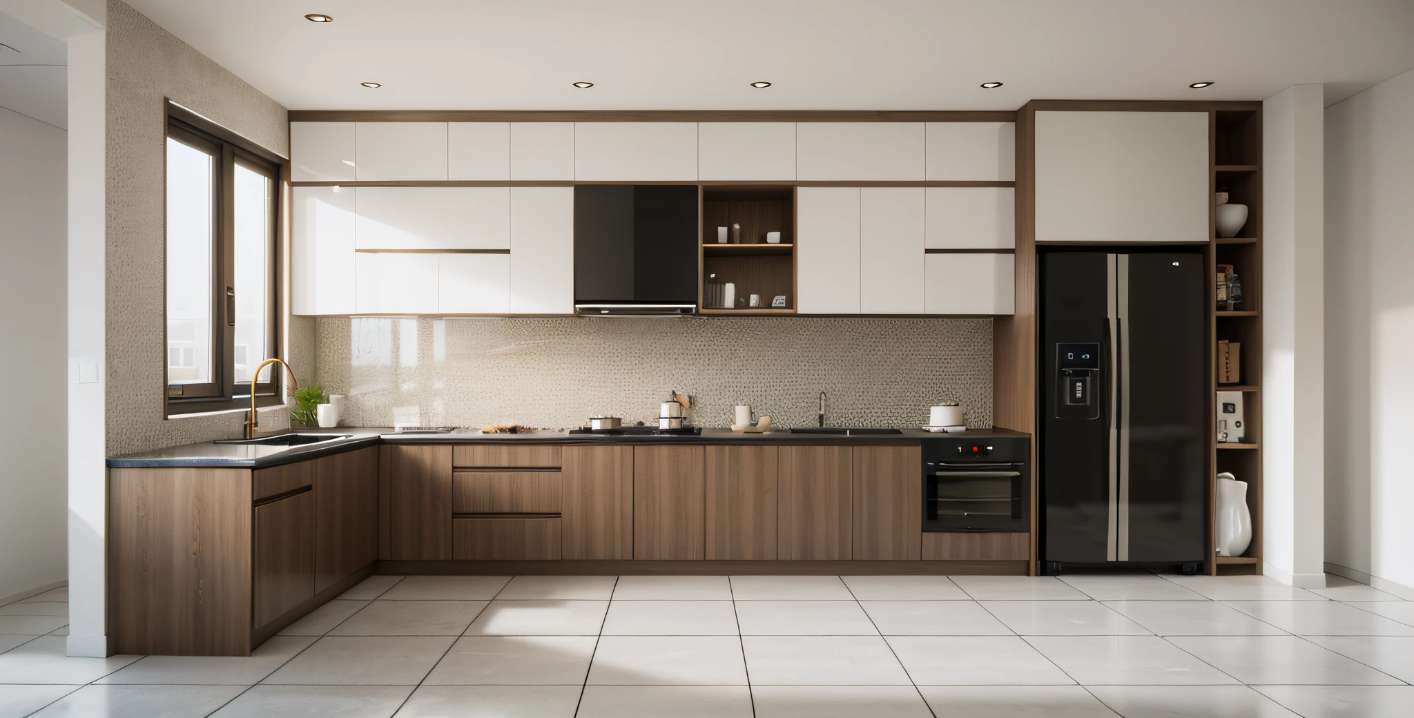 morden kitchen  design,Super sharp like photos taken with a professional camera, (Masterpiece,best quality,8k uhd,dslr,soft lighting,high quality,hyper detail,film grain,Fujifilm XT3, UE 5 render 8k, super high resolution, supper detail:1.2), color block wall decor, Cream color block wall decor, glossy floor, (((volumetric light))), dark tone, glossy floor