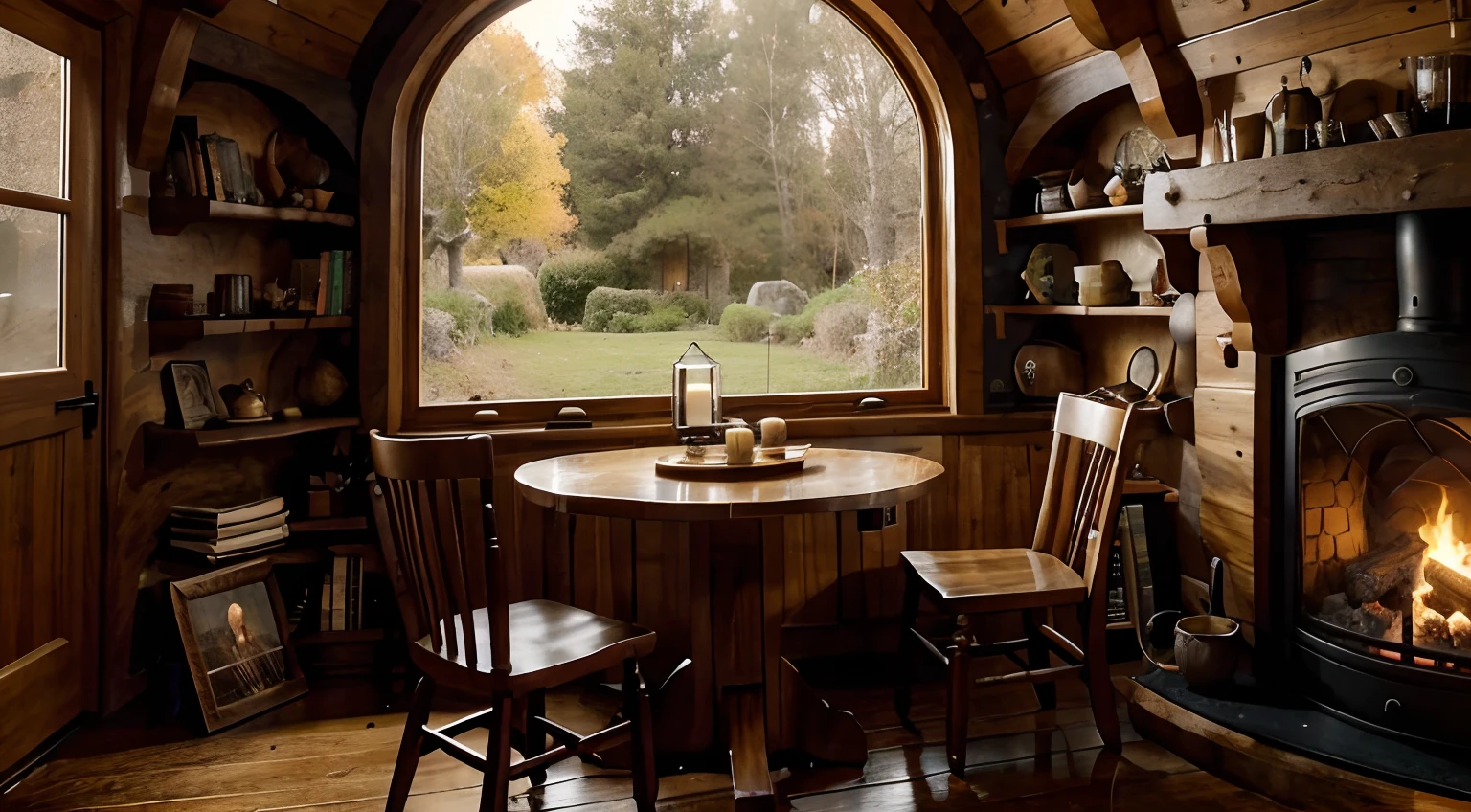 a cozy hobbit house, with two side fireplace , big rounded hobbit window, there's a table with coffee and a cup of coffee and a big candle, bookshelf in wall, in a autumn rainy day out