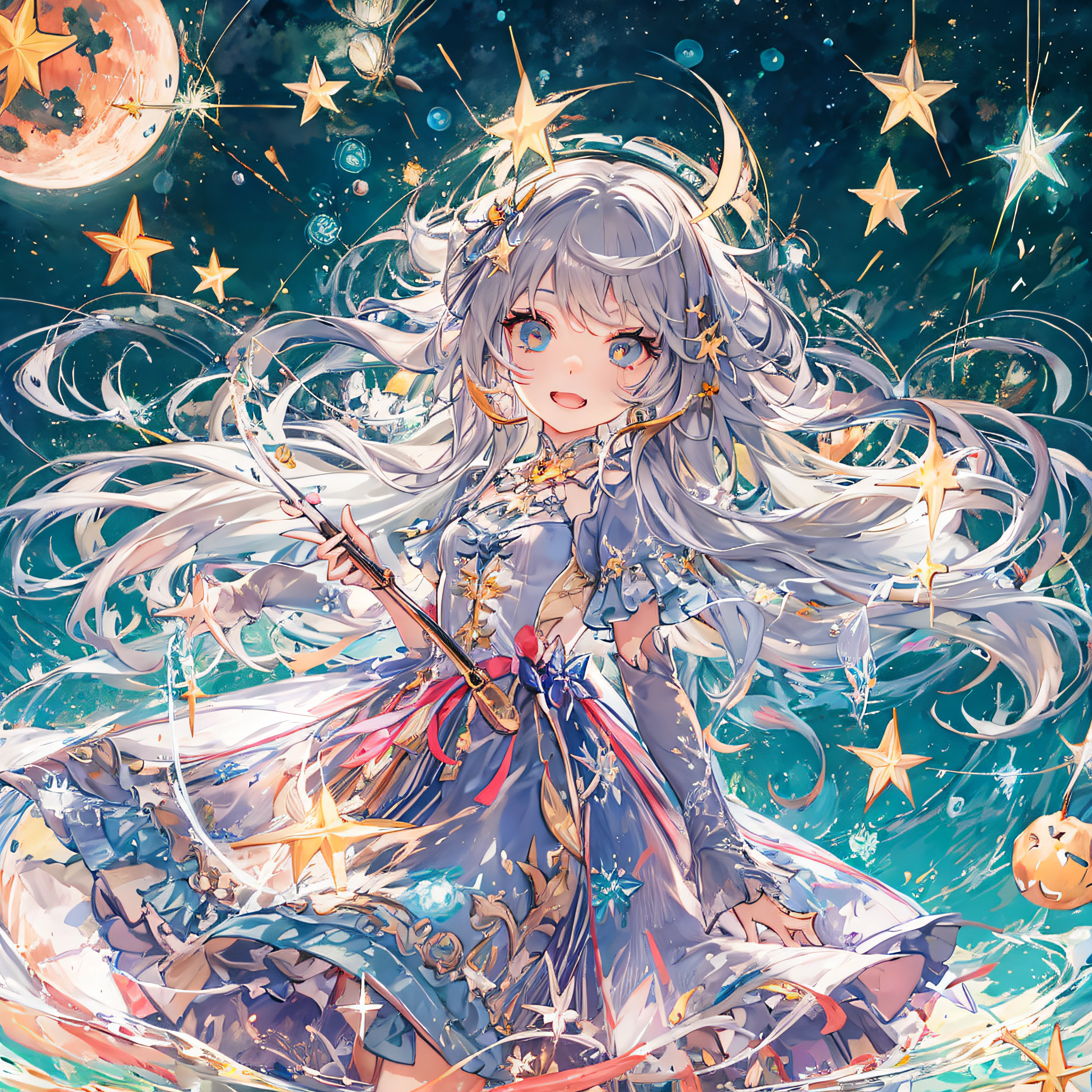 ((magical little girl)), ((Gorgeous starry sky background)), ((ultra-definition)), ((Best Illustration)), ((cinematlic lighting)), dynamic ungle, floating, filigree, (Glitter:1.2 )、(brilliance:1.2)、(brilliance:1.2)、classic、(painted:1.1)、(Sketched:1.1)、(top-quality)、(masterpiece:1.2)、(Anime style)、(独奏)、Beautiful detail face、(cute face:1.3)、(big eye:1.3)、colourful hair、(length hair:1.2)、(Floating hair:1.2)、(Magical Girl Costumes)、detailed costume、(Shining wand:1.3)、(Magic Effects:1.3)、(flowing skirt:1.2)、(Cute boots:1.1)、(Transparent raw land:1.1)、(shimmer:1.2)、(Glow:1.2)、(brilliance:1.2)、(flickering:1.2) , (Dazzle:1.2)、Halloween