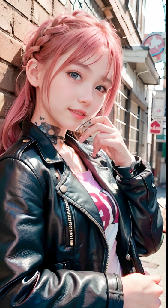 (masutepiece), cute little, (sixteen years old:1.4), Solo, 1 woman, (Charming punk girl), Blue eyes,faces、(A smile:1.5),Playing guitar, (Front face), (Leather jackets and tattoos), (Band T-shirt), (Ripped jeans), ((Urban alley background)), (up close shot), Beautiful hands, Two hands, normal hands, Two arms, complete hands, Beautiful body, Beautiful fingers, normal fingers, Five Fingers, Five Fingers, (Thumb index finger ring finger), Beautiful ears, normal ears, Beautiful eyes, shiny eyes, Beautiful mouth, Beautiful lips,Medium hair with pink hair, (Pink hair), Ear Hair, small tits, Single braid, (Single braid), (Side braid)