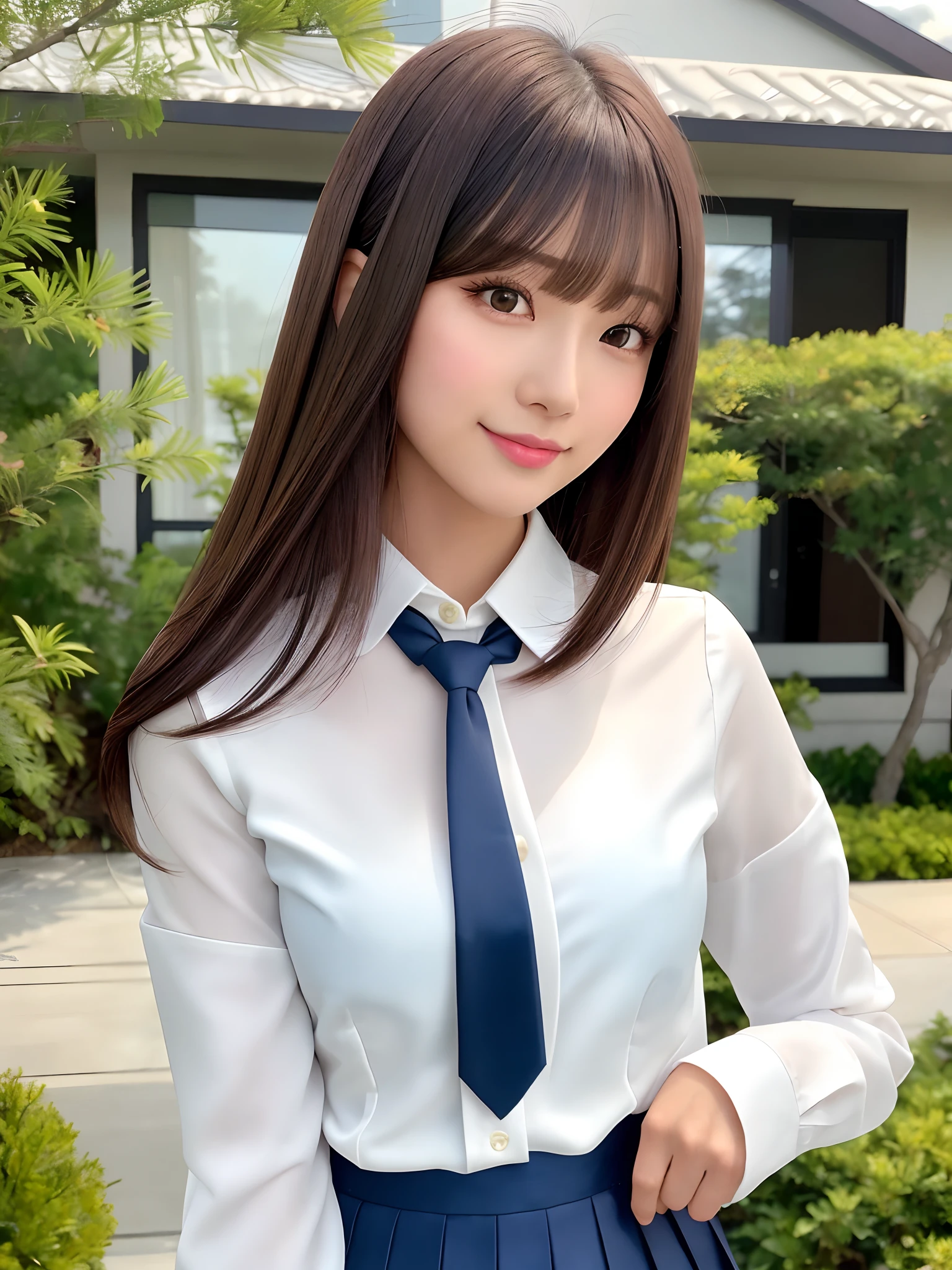 product quality, 1girl, upper body shot, front view, a Japanese young pretty woman, long bob hair, standing with a big smile in front of her luxury house, carrying a rucksack, glamorous figure, wearing a long sleeve white collared silky satin shirt with shiny satin dark blue plain long tie, wearing a dark blue pleated long skirt, hyper cute face, glossy lips, double eyelids in both eyes, natural makeup, long eyelashes, shiny smooth light brown long bob hair, asymmetrical bangs, a tanned skin, central image, high resolution, high detail, detailed hairstyle, detailed face, spectacular cinematic lighting, octane rendering, vibrant, hyper realistic, perfect limbs, perfect anatomy