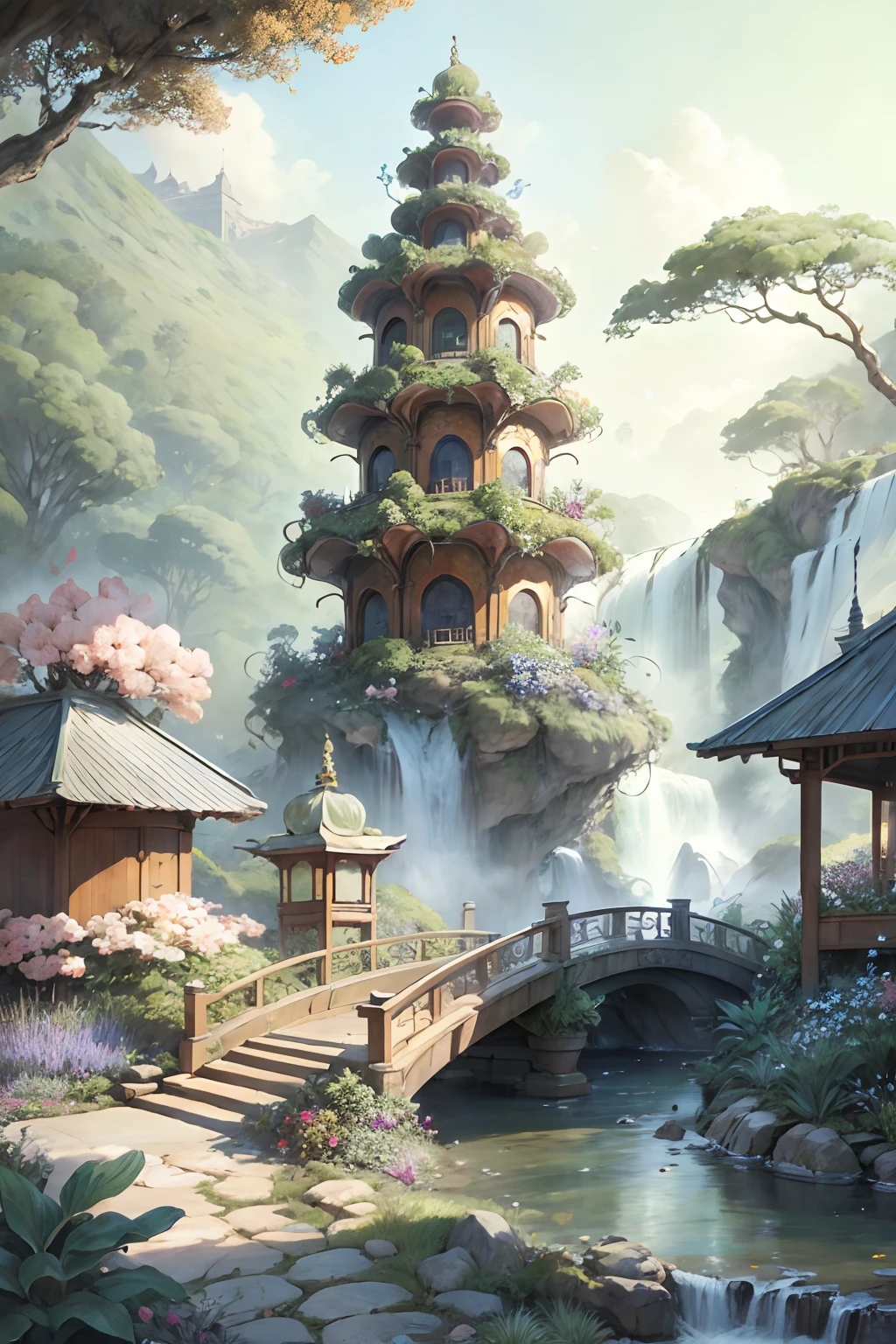 Garden painting with waterfalls and bridges, floral environment, Anime landscape concept art, Anime background art, Magical environment, arte de fundo, landscape artwork, fantasy magical vegetation, fantasy painterly style, whimsical fantasy landscape art, in bloom greenhouse, Beautiful environment, dreamy and detailed, very detailed digital painting, art nouveau jungle environment, the grand temple of flowers，Chinese style elements，an osmanthus tree，