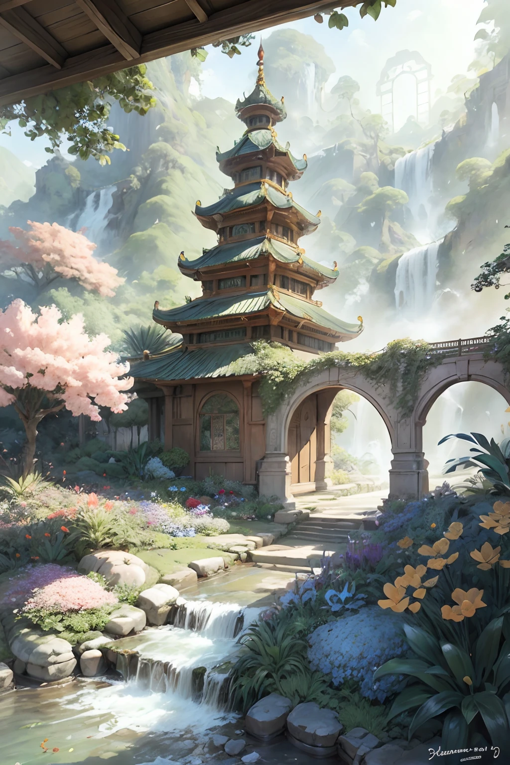 Garden painting with waterfalls and bridges, floral environment, Anime landscape concept art, Anime background art, Magical environment, arte de fundo, landscape artwork, fantasy magical vegetation, fantasy painterly style, whimsical fantasy landscape art, in bloom greenhouse, Beautiful environment, dreamy and detailed, very detailed digital painting, art nouveau jungle environment, the grand temple of flowers，Chinese style elements，an osmanthus tree，