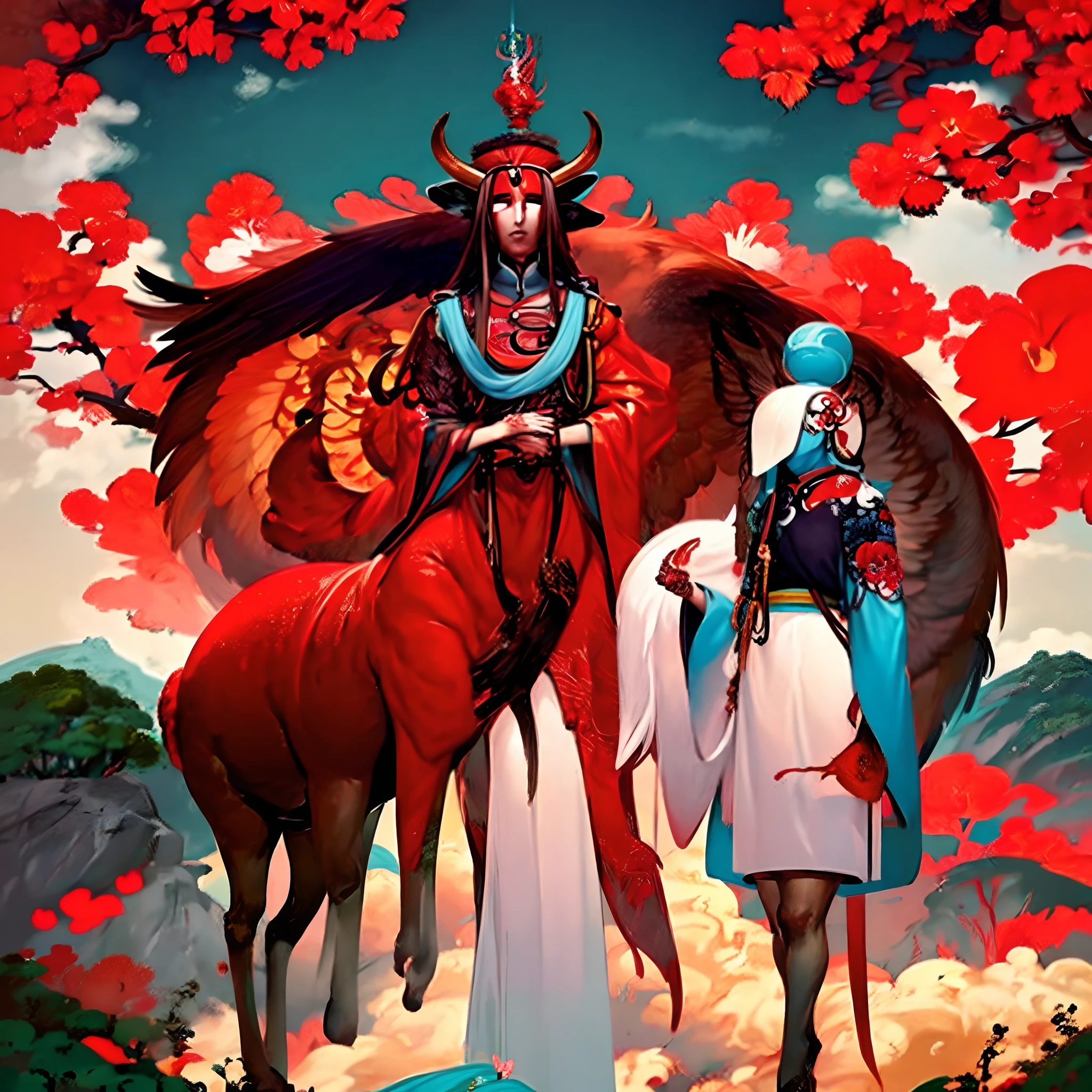 um close up de um touro com chifres em uma floresta vermelha, touro da lua, bison god, arte detalhada Onmyoji, Deus da Floresta, asura from chinese myth, o deus minotauro senhor dos ventos, arvores vermelhas, vento e nuvens cirrus o rodeando.