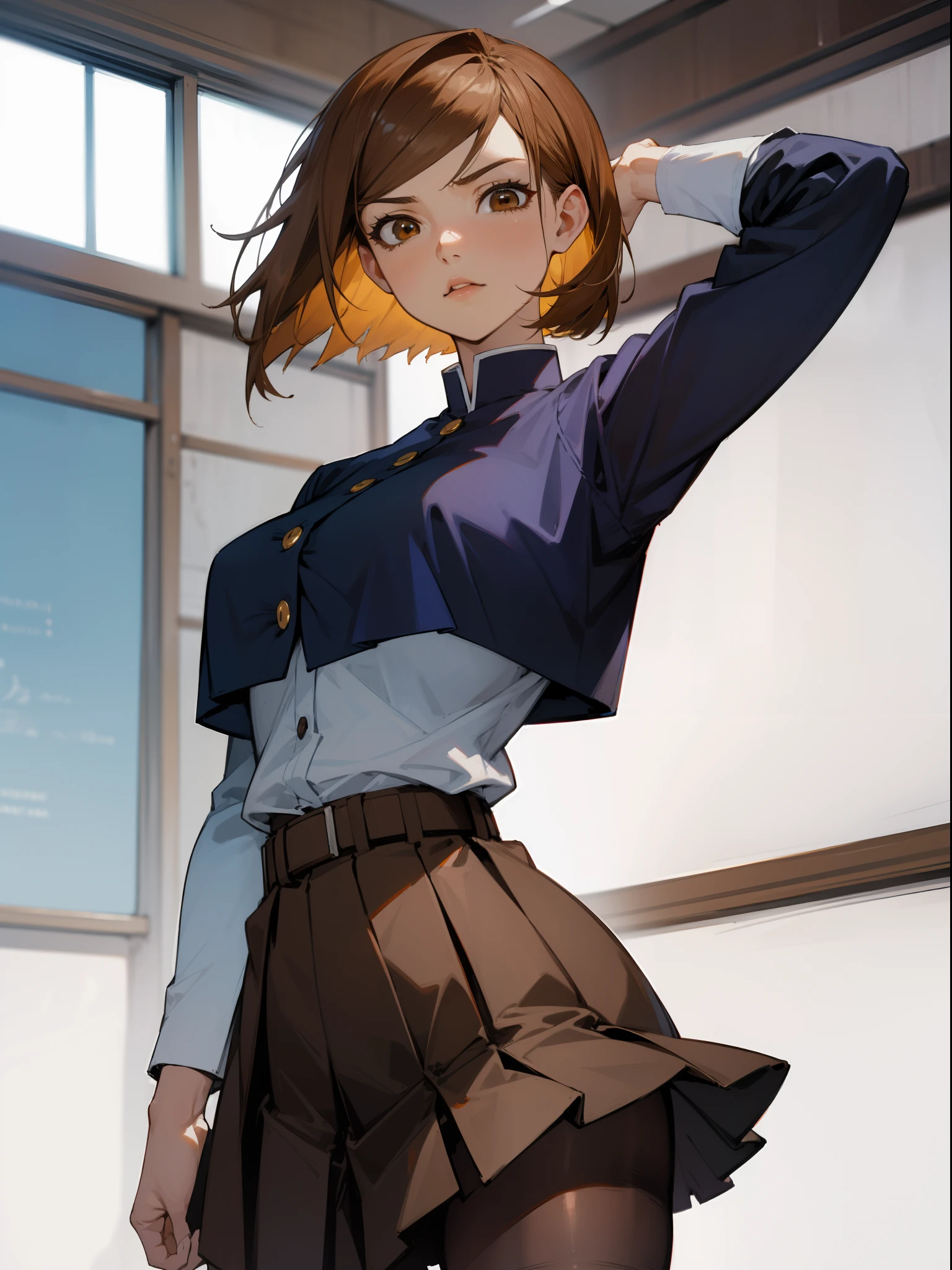 masterpiece, perfect beautiful face, perfect body proportions, big breasts,      nobarakugisaki, nobara kugisaki, bob cut, (brown eyes:1.7), brown hair, lips, short hair,
BREAK belt, brown belt, brown pantyhose, crop top, crop top overhang, jujutsu tech uniform, pantyhose, pleated skirt, shirt tucked in, skirt, blue skirt, blue crop top,
BREAK looking at viewer,
BREAK indoors, classroom,
BREAK (masterpiece:1.2), best quality, high resolution, unity 8k wallpaper, (illustration:0.8), (beautiful detailed eyes:1.6), extremely detailed face, perfect lighting, extremely detailed CG, (perfect hands, perfect anatomy),