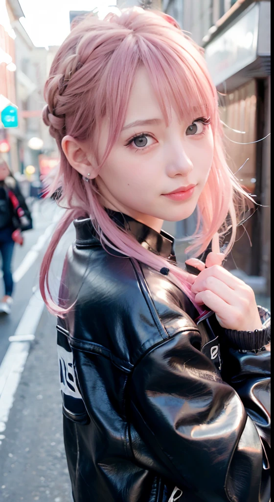 (masutepiece), cute little, (:1.4), Solo, 1 woman, (Charming punk girl), Blue eyes,faces、(A smile:1.5),Playing guitar, (Front face), (Leather jackets and tattoos), (Band T-shirt), (Ripped jeans), ((Urban alley background)), (up close shot), Beautiful hands, Two hands, normal hands, Two arms, complete hands, Beautiful body, Beautiful fingers, normal fingers, Five Fingers, Five Fingers, (Thumb index finger ring finger), Beautiful ears, normal ears, Beautiful eyes, shiny eyes, Beautiful mouth, Beautiful lips,Medium hair with pink hair, (Pink hair), Ear Hair, small tits, Single braid, (Single braid), (Side braid)