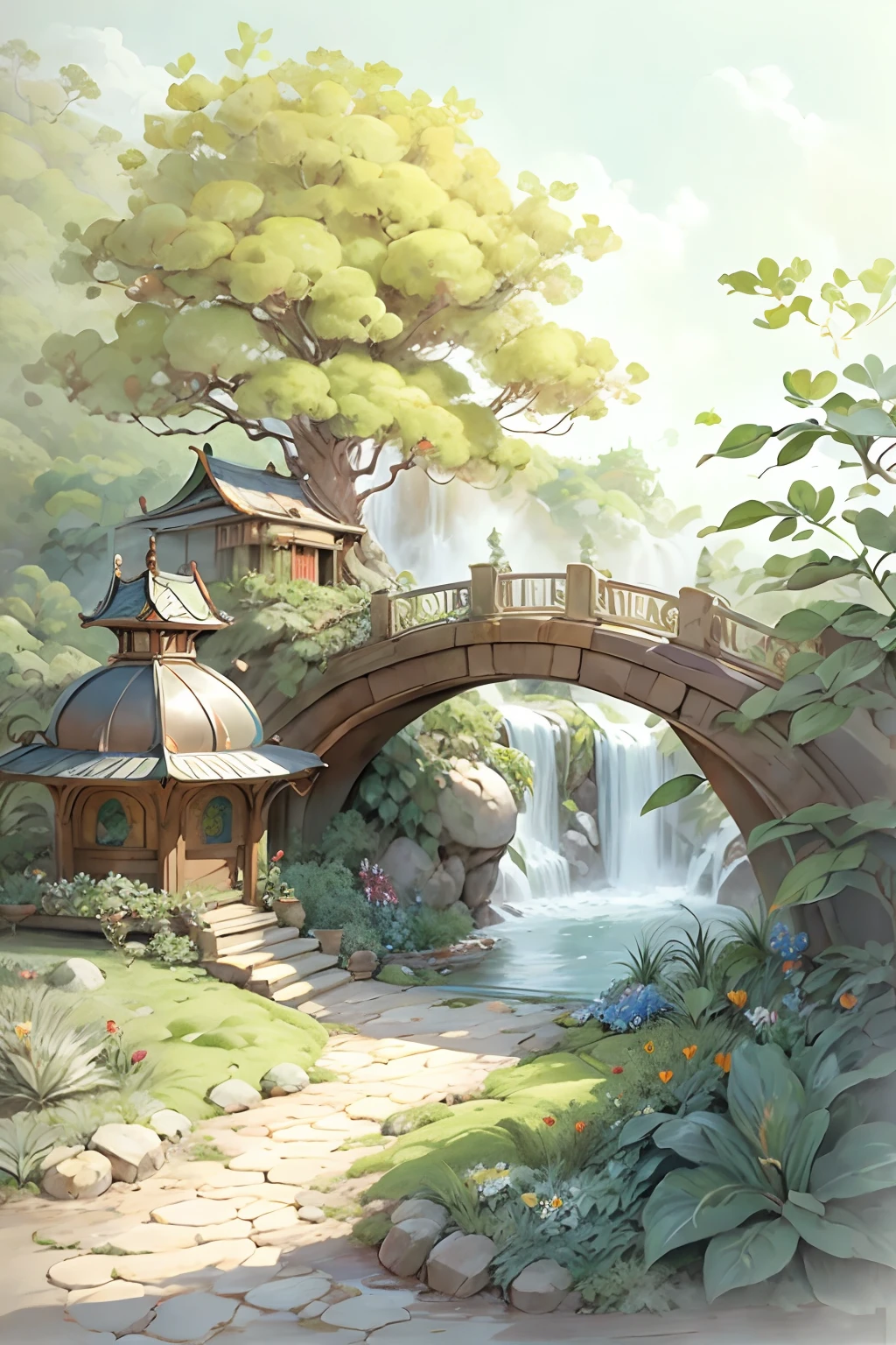 Garden painting with waterfalls and bridges, floral environment, Anime landscape concept art, Anime background art, Magical environment, arte de fundo, landscape artwork, fantasy magical vegetation, fantasy painterly style, whimsical fantasy landscape art, in bloom greenhouse, Beautiful environment, dreamy and detailed, very detailed digital painting, art nouveau jungle environment, the grand temple of flowers,Chinese style elements,an osmanthus tree,