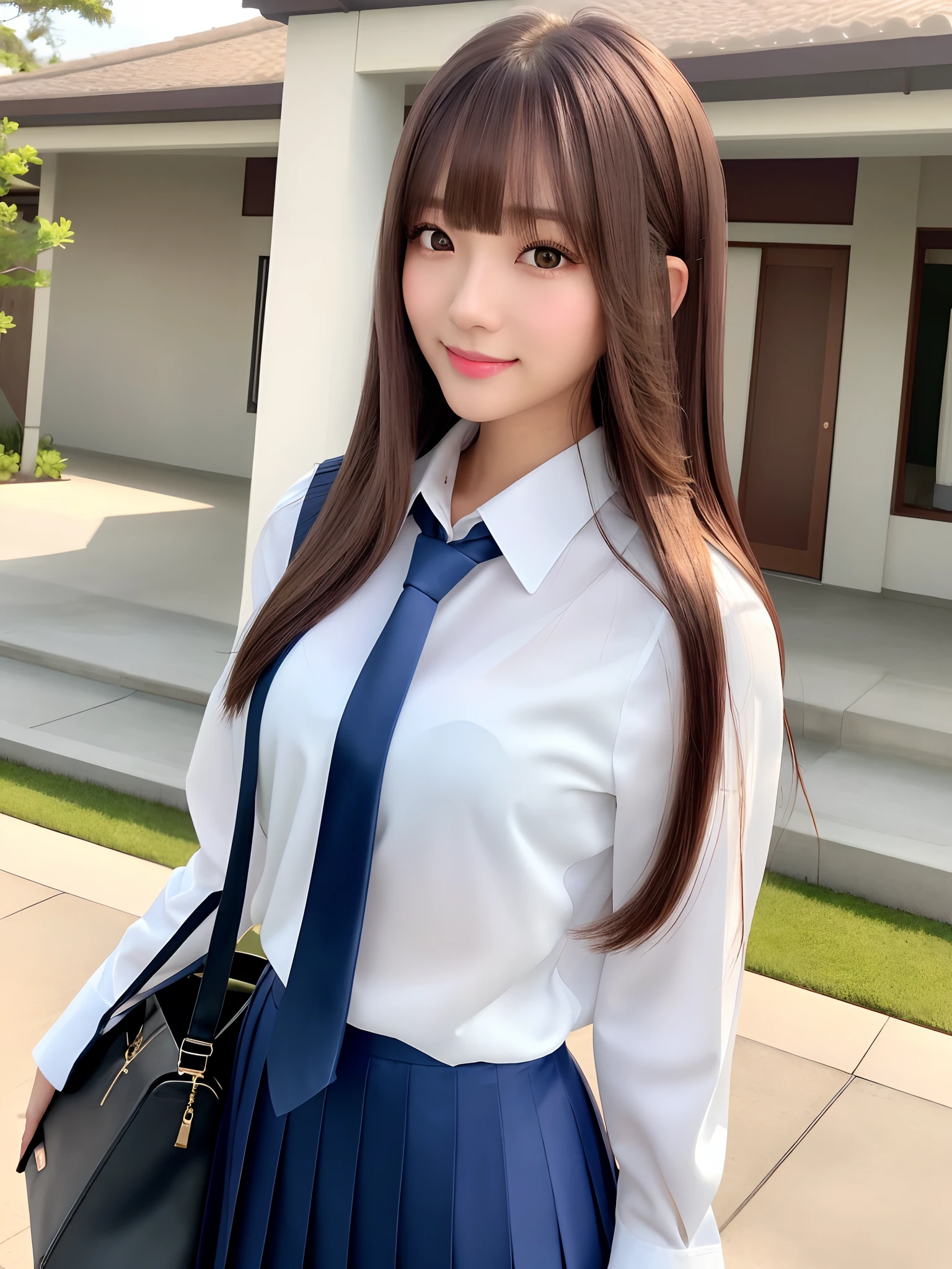 product quality, 1girl, upper body shot, front view, a Japanese young pretty woman, long bob hair, standing with a big smile in front of her luxury house, a school bag over her shoulder, glamorous figure, wearing a long sleeve white collared silky satin shirt with shiny satin dark blue plain long tie, wearing a dark blue pleated long skirt, hyper cute face, glossy lips, double eyelids in both eyes, natural makeup, long eyelashes, shiny smooth light brown long bob hair, asymmetrical bangs, a tanned skin, central image, high resolution, high detail, detailed hairstyle, detailed face, spectacular cinematic lighting, octane rendering, vibrant, hyper realistic, perfect limbs, perfect anatomy