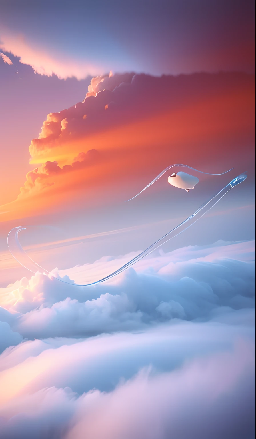 There is a picture of a bird flying in the sky, lie on white clouds fairyland, inspired by Anna Füssli, Fluid bags, Floating in the air, floating lands in-clouds, Floating in the sky, floating in air, smooth utopian design, membrane wings, Soft clouds, White cloud, bottom - view, in the astral plane ) ) )，Surround the clouds，Divine sense top light，Orange background