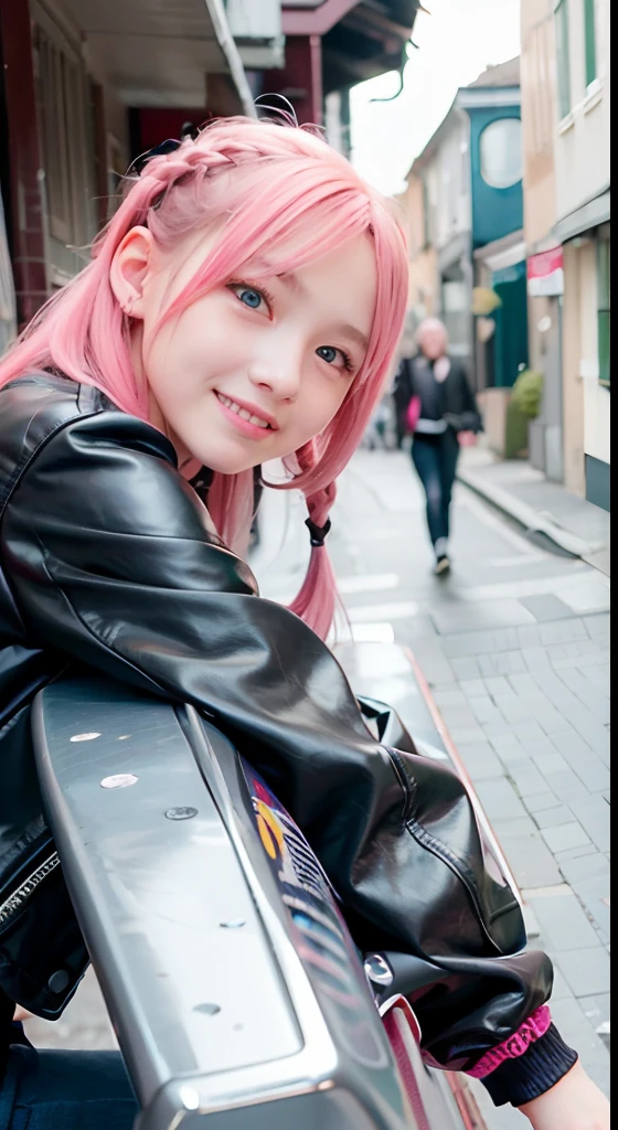 (masutepiece), cute little, (sixteen years old:1.4), Solo, 1 woman, (Charming punk girl), Blue eyes,faces、(A smile:1.5),Playing guitar, (Front face),  (Leather jackets and tattoos), (Band T-shirt), (Ripped jeans), ((Urban alley background)), (up close shot), Beautiful hands, Two hands, normal hands, Two arms, complete hands, Beautiful body, Beautiful fingers, normal fingers, Five Fingers, Five Fingers, (Thumb index finger ring finger), Beautiful ears, normal ears, Beautiful eyes, shiny eyes, Beautiful mouth, Beautiful lips,Medium hair with pink hair, (Pink hair), Ear Hair, small tits, Single braid, (Single braid), (Side braid)