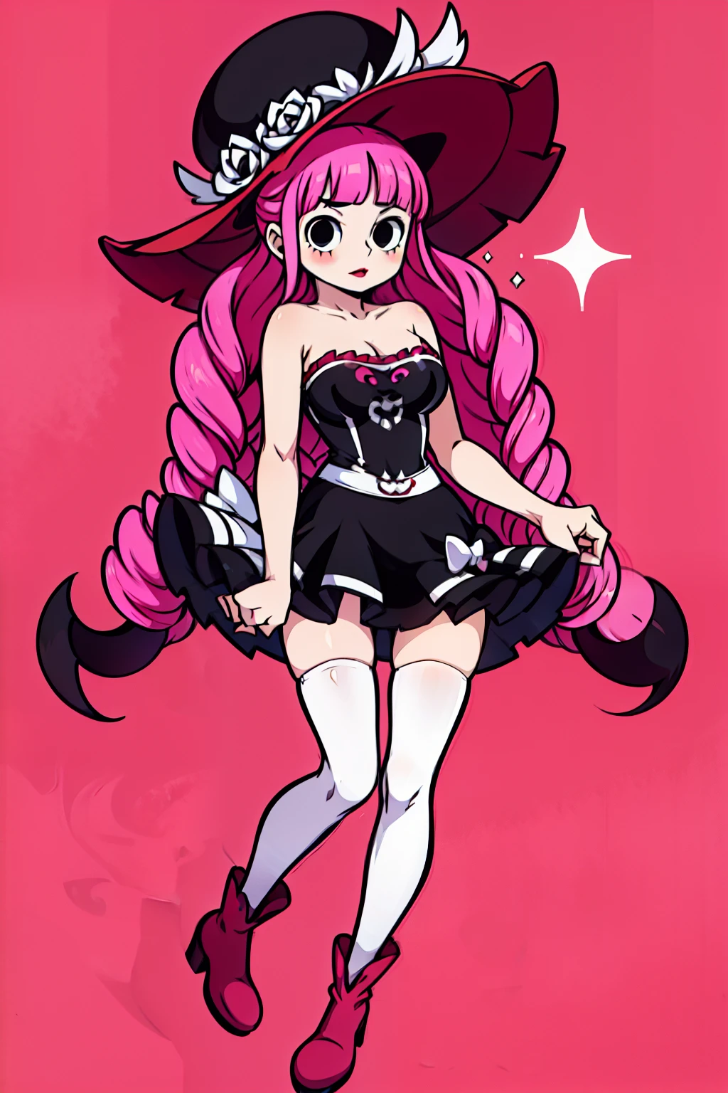 Perona, 1girl, pink hair, black eyes, blunt bangs, drill hair, red lipstick, long pink hair, curly hair, blunt bangs, red lipstick, black top hat with white roses, black and white strapless dress, frilly dress, (white and black striped stockings), red boots, perfect anatomy, solo