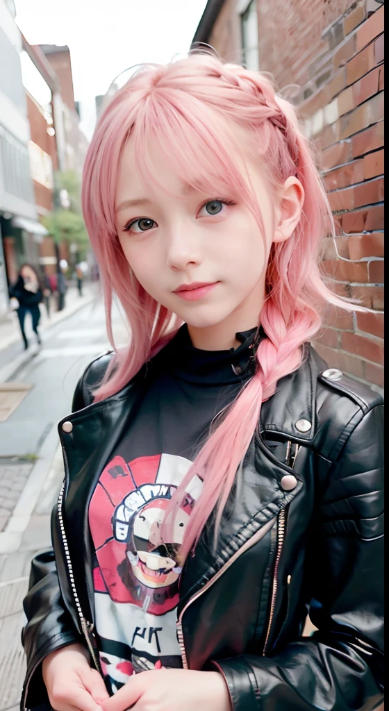 (masutepiece), cute little, (:1.4), Solo, 1 woman, (Charming punk girl), Blue eyes,faces、(A smile:1.5),Playing guitar, (Front face), (Leather jackets and tattoos), (Band T-shirt), (Ripped jeans), ((Urban alley background)), (up close shot), Beautiful hands, Two hands, normal hands, Two arms, complete hands, Beautiful body, Beautiful fingers, normal fingers, Five Fingers, Five Fingers, (Thumb index finger ring finger), Beautiful ears, normal ears, Beautiful eyes, shiny eyes, Beautiful mouth, Beautiful lips,Medium hair with pink hair, (Pink hair), Ear Hair, small tits, Single braid, (Single braid), (Side braid)