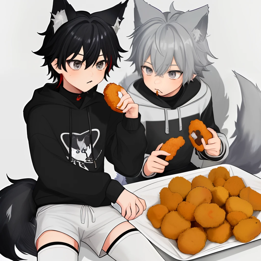 masterpiece, best quality, anime, Sora, ((Boy)), cute, Turtleneck with white stripes, Hoodie off-shoulder,. Sideview, ((Red and Grey eyes)), ((Black Really Fluffy Wolf tail and ears)), Cute expression, Black and white Sport-Shorts with Thigh Highs, eating dinner ((Chicken Nuggets))