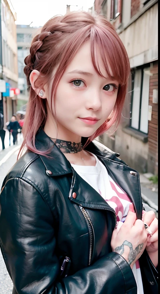 (masutepiece), cute little, (sixteen years old:1.4), Solo, 1 woman, (Charming punk girl), Blue eyes,faces、(A smile:1.5),Playing guitar, (Front face), (Leather jackets and tattoos), (Band T-shirt), (Ripped jeans), ((Urban alley background)), (up close shot), Beautiful hands, Two hands, normal hands, Two arms, complete hands, Beautiful body, Beautiful fingers, normal fingers, Five Fingers, Five Fingers, (Thumb index finger ring finger), Beautiful ears, normal ears, Beautiful eyes, shiny eyes, Beautiful mouth, Beautiful lips,Medium hair with pink hair, (Pink hair), Ear Hair, small tits, Single braid, (Single braid), (Side braid)