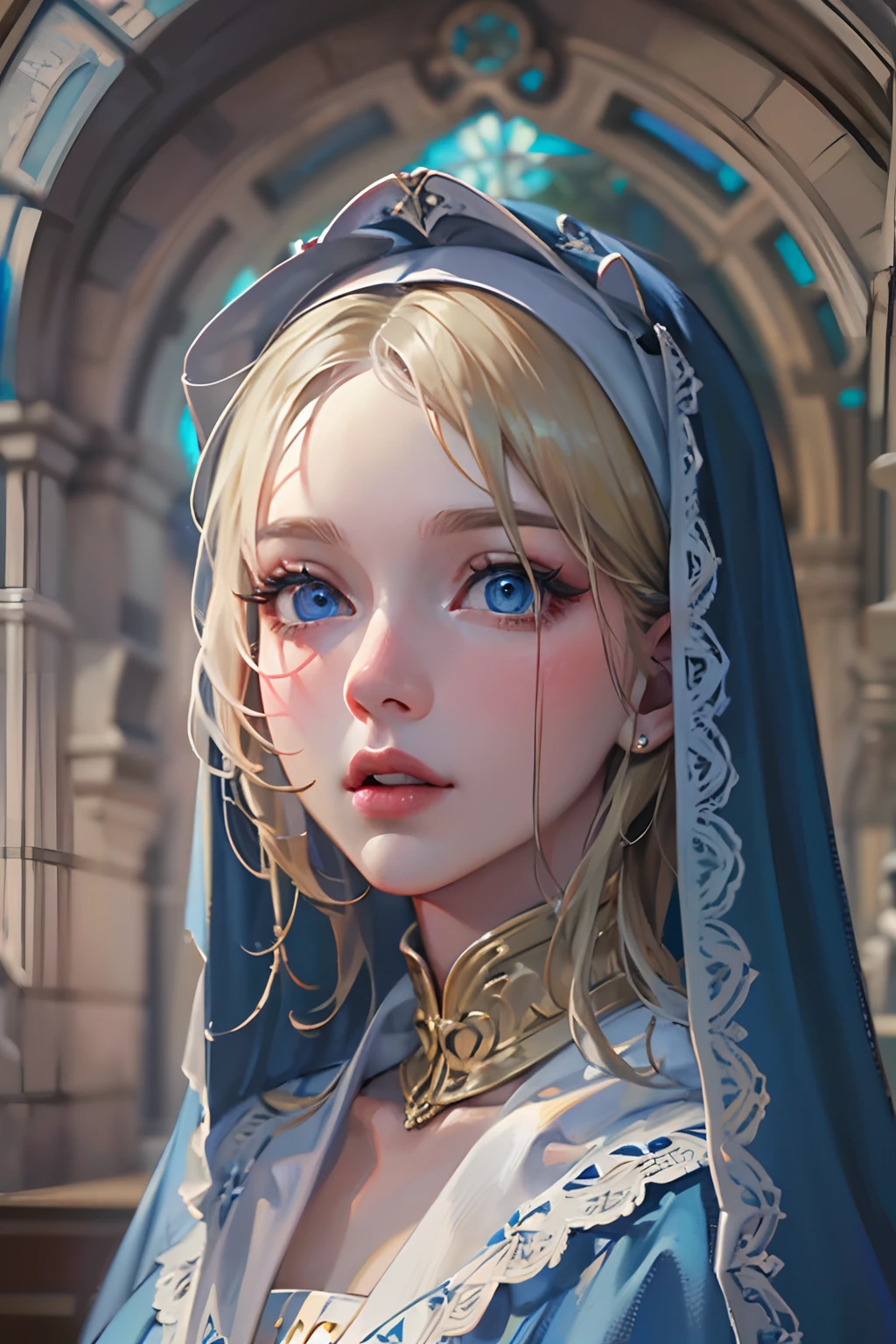 (best quality,4k,8k,highres,masterpiece:1.2),ultra-detailed,realistic,beautiful detailed blue eyes,beautiful detailed lips,extremely detailed face,long hair,1girl,beautiful blonde girl,wearing a nun's outfit,cute,attractive,church, retrato, detailed eyes