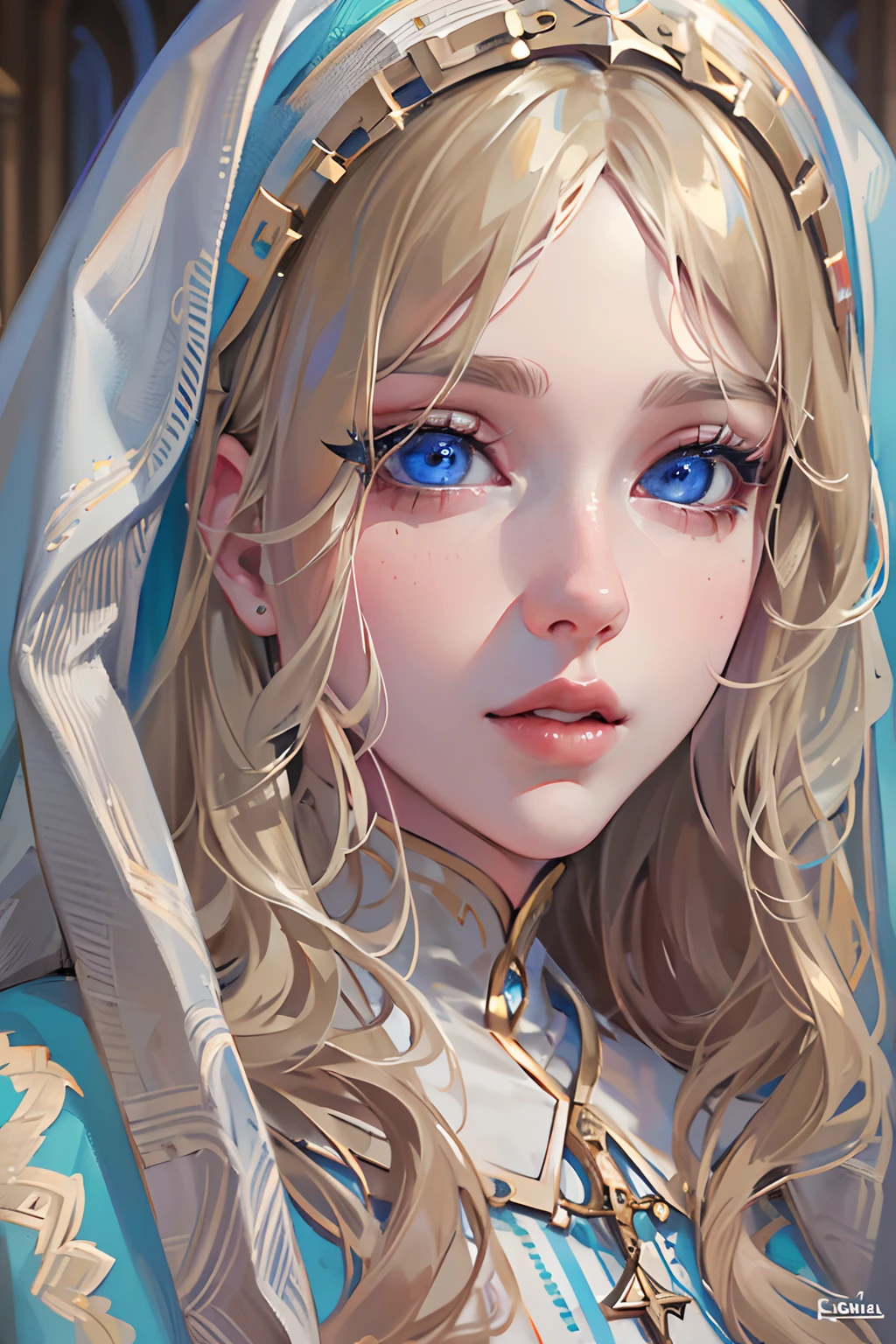 (best quality,4k,8k,highres,masterpiece:1.2),ultra-detailed,realistic,beautiful detailed blue eyes,beautiful detailed lips,extremely detailed face,long hair,1girl,beautiful blonde girl,wearing a nun's outfit,cute,attractive,church, retrato, detailed eyes