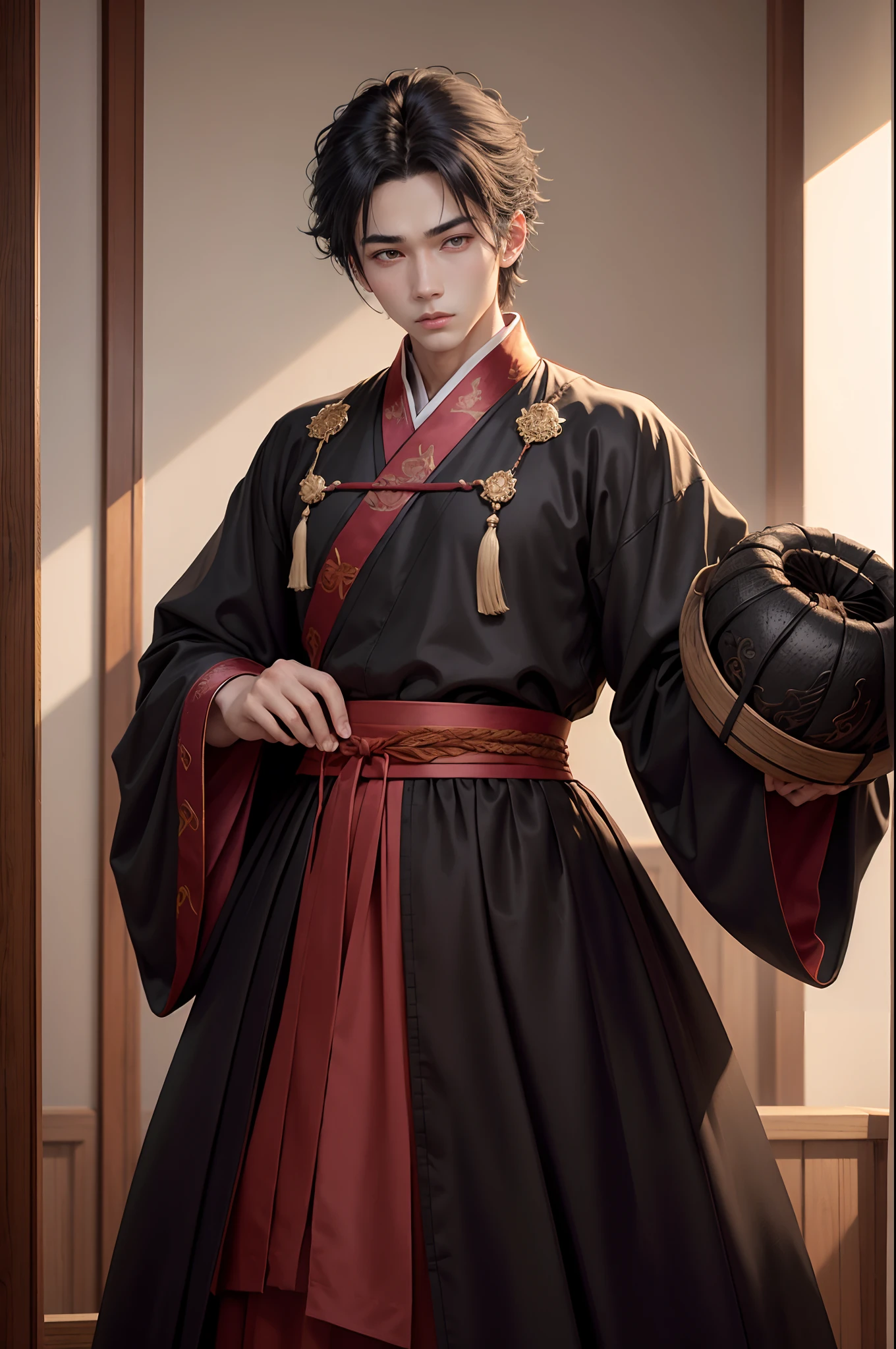 a 20 years-old young man, handsome, ((wearing black suitable hanfu)), (red silk rope strap to fit the clothes), (play a wooden and mechanical ball on hands), ((tiring face expression)) ,(bright eyes ),gradient eyes, (real and anime style), cinematic lighting, depth of field, depth of field, depth of field, depth of field, depth of field, ray tracing, reflection light, (cowboy shot), masterpiece, high details, high quality, 1080P, HD, best quality, highres, anatomically correct